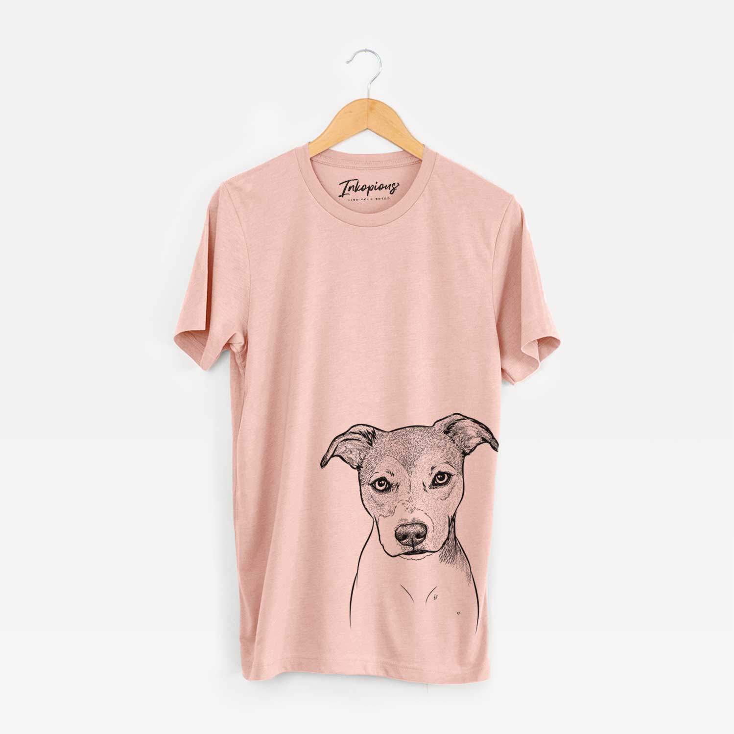 Hand-drawn sketch of Tula the American Staffordshire Terrier Heeler Mix on a Peach Bella Canvas Unisex Crewneck