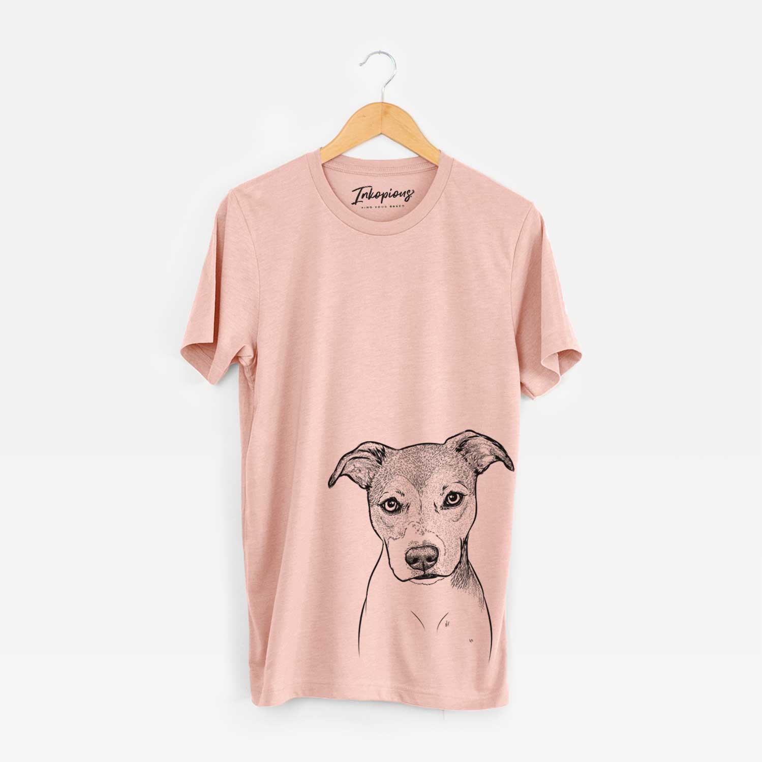 Hand-drawn sketch of Tula the American Staffordshire Terrier Heeler Mix on a Peach Unisex crewneck