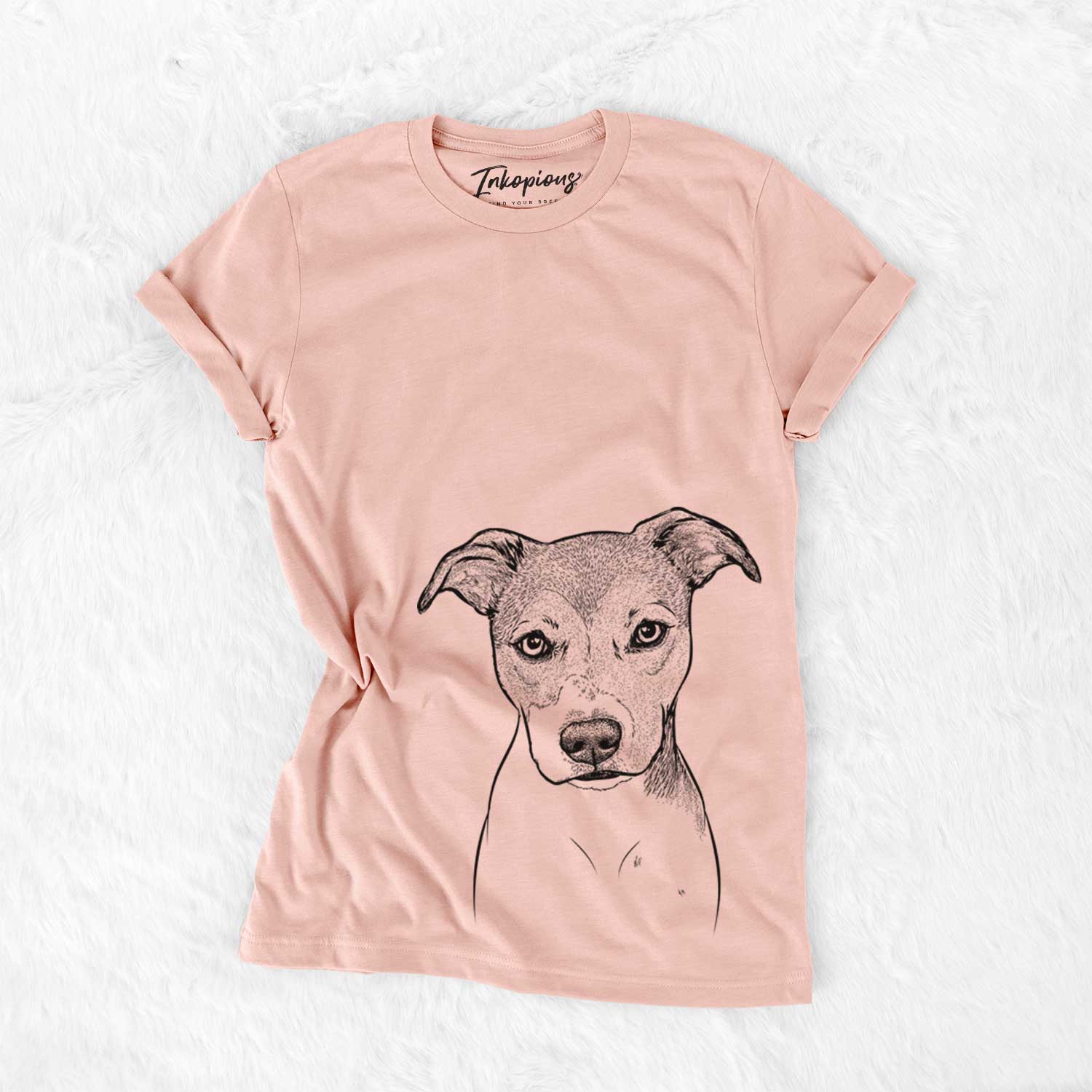 Hand-drawn sketch of Tula the American Staffordshire Terrier Heeler Mix on a Peach Bella Canvas Unisex Crewneck