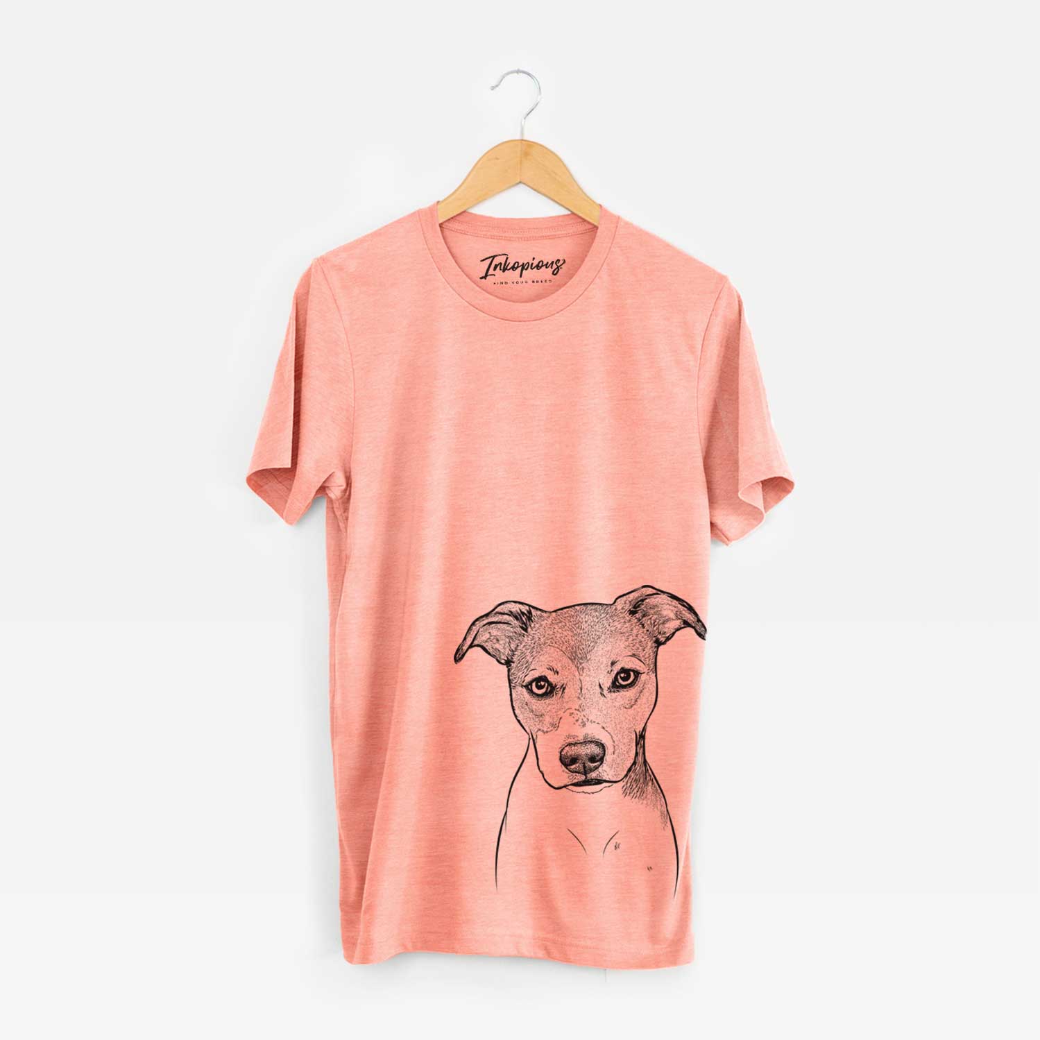 Hand-drawn sketch of Tula the American Staffordshire Terrier Heeler Mix on a Sunset Bella Canvas Unisex Crewneck