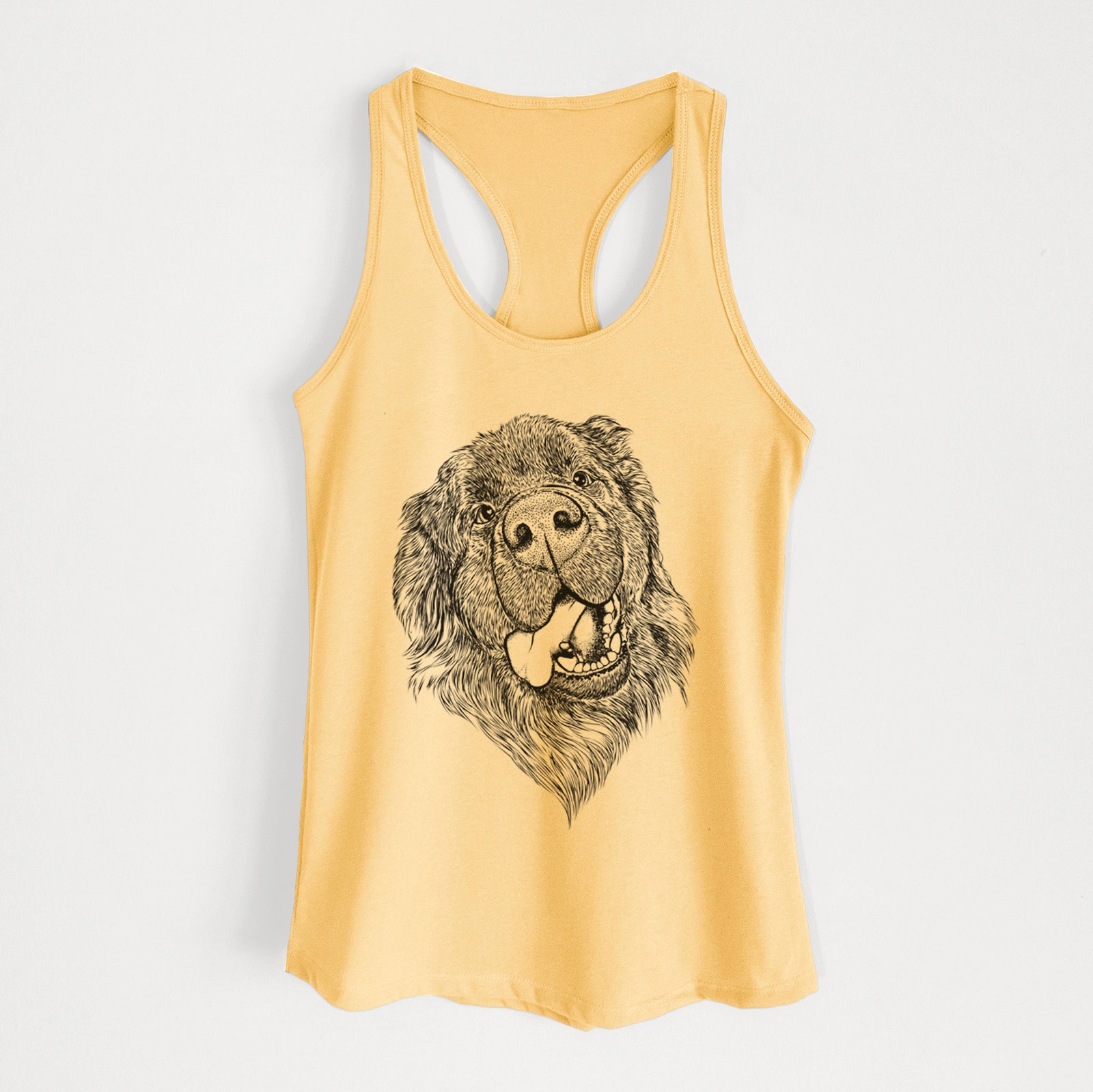 Hand-drawn sketch of Tuna the Newfoundland on a Banana Cream Women's racerback tanktop