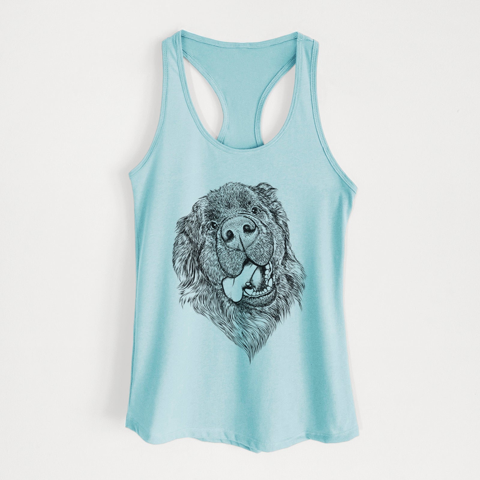 Hand-drawn sketch of Tuna the Newfoundland on a Cancun Blue Women's racerback tanktop