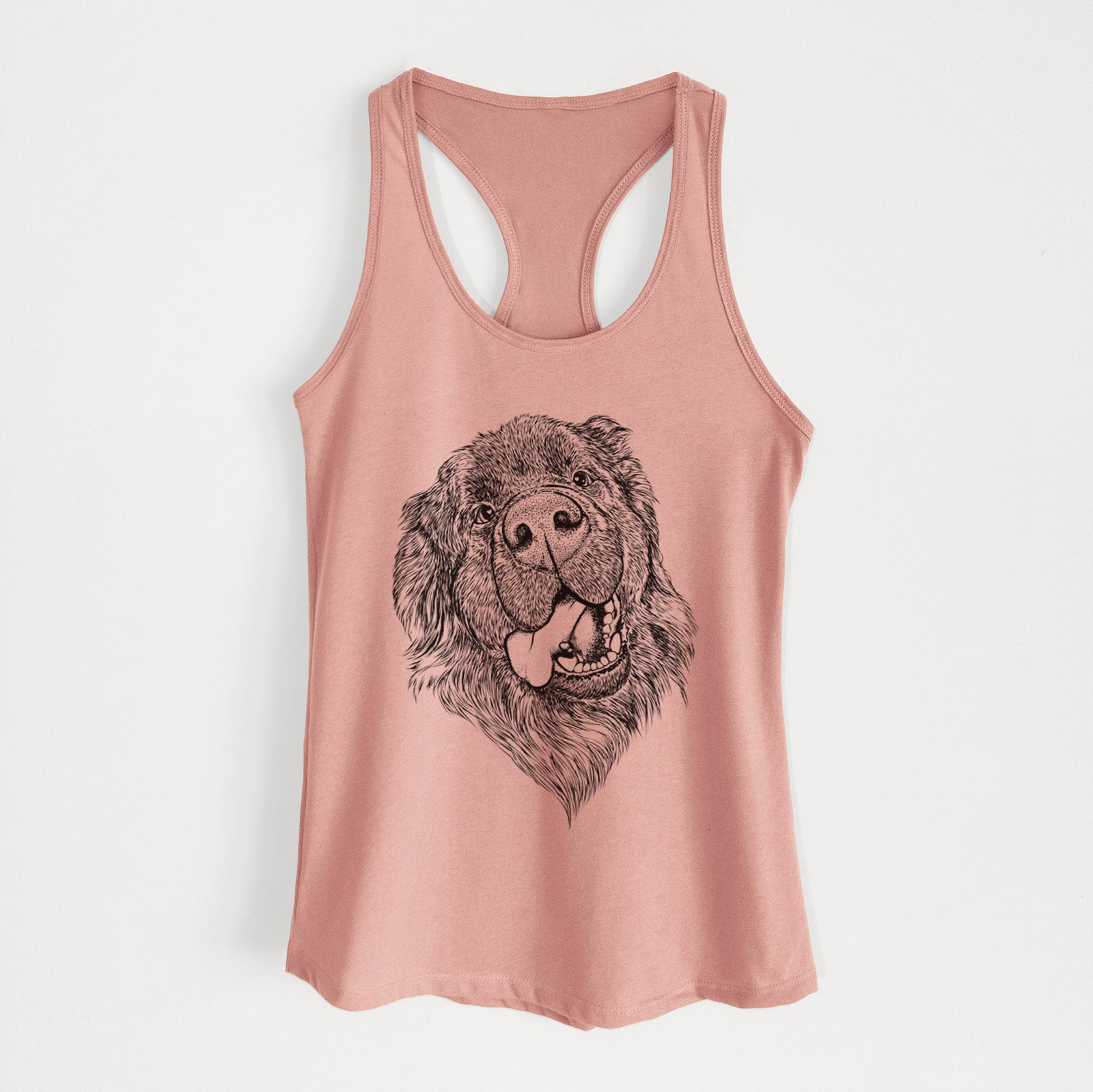 Hand-drawn sketch of Tuna the Newfoundland on a Desert Pink Women's racerback tanktop
