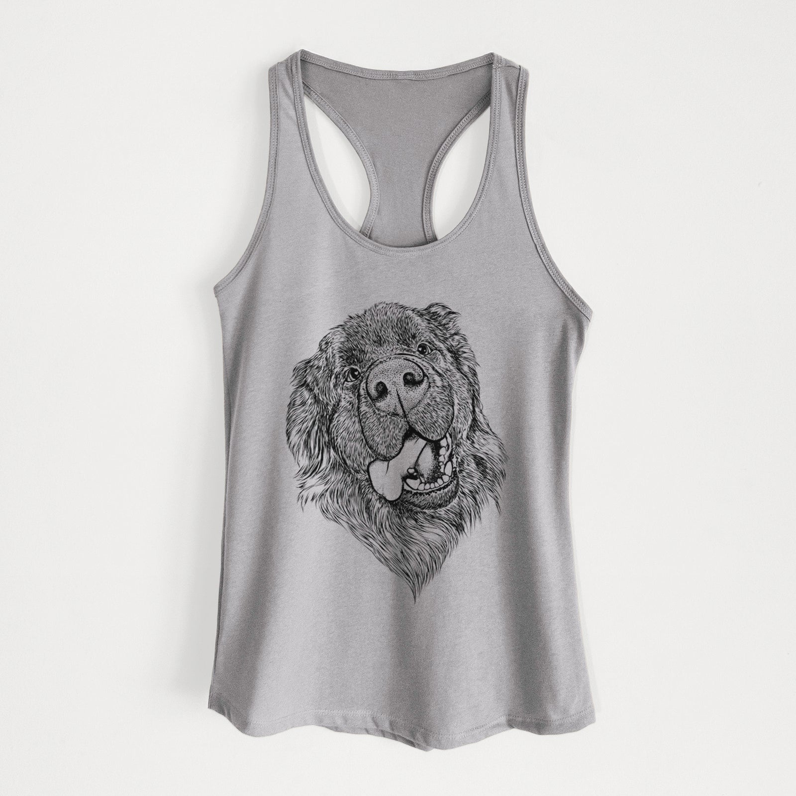 Hand-drawn sketch of Tuna the Newfoundland on a Heather Grey Women's racerback tanktop