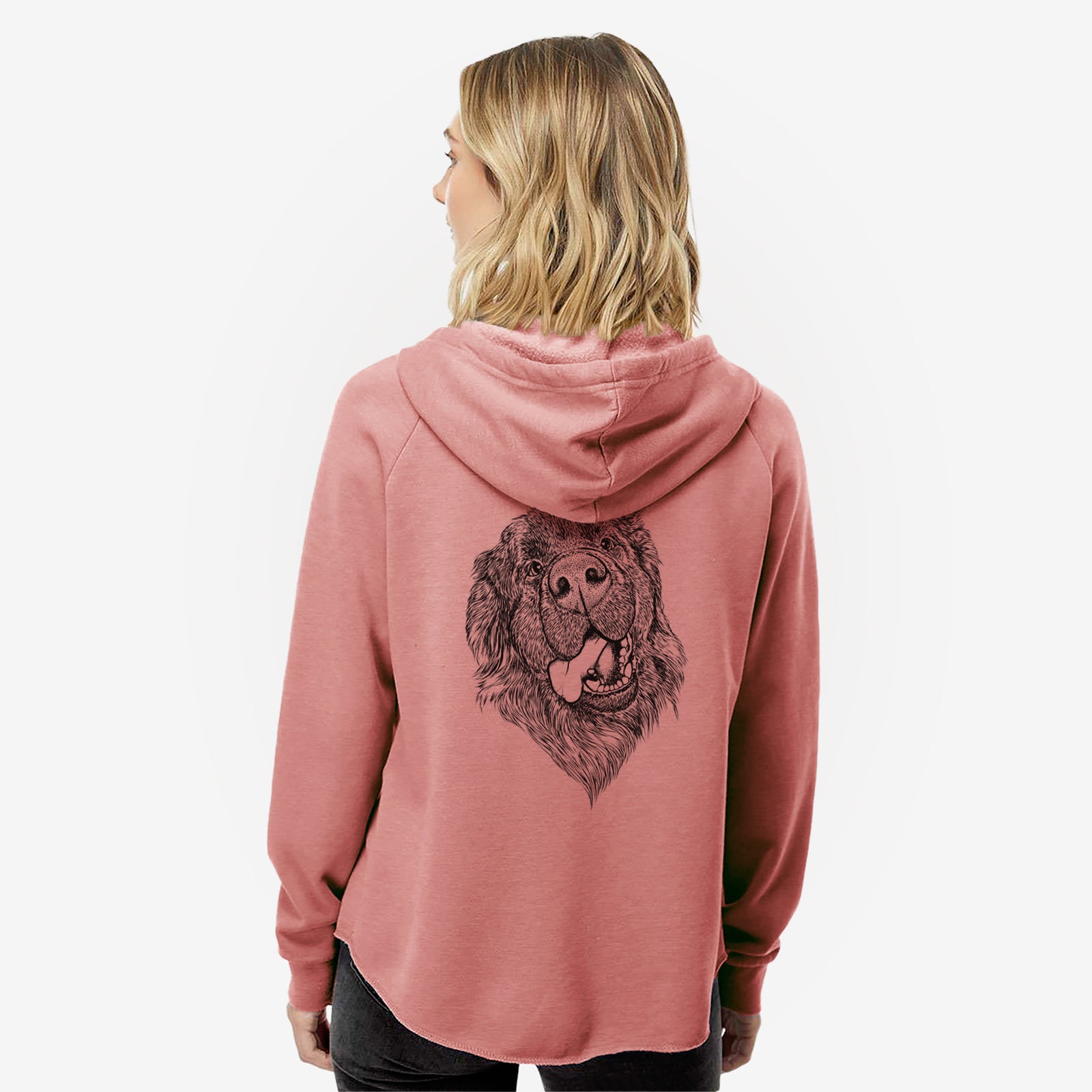 Hand-drawn sketch of Tuna the Newfoundland on a Dusty Rose Women's cali wave zip-up sweatshirt