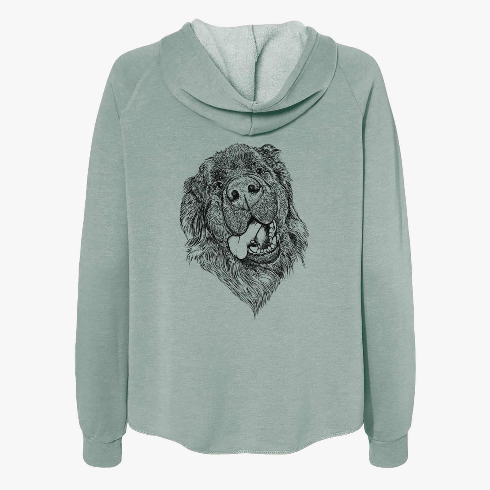 Hand-drawn sketch of Tuna the Newfoundland on a Sage Women's cali wave zip-up sweatshirt