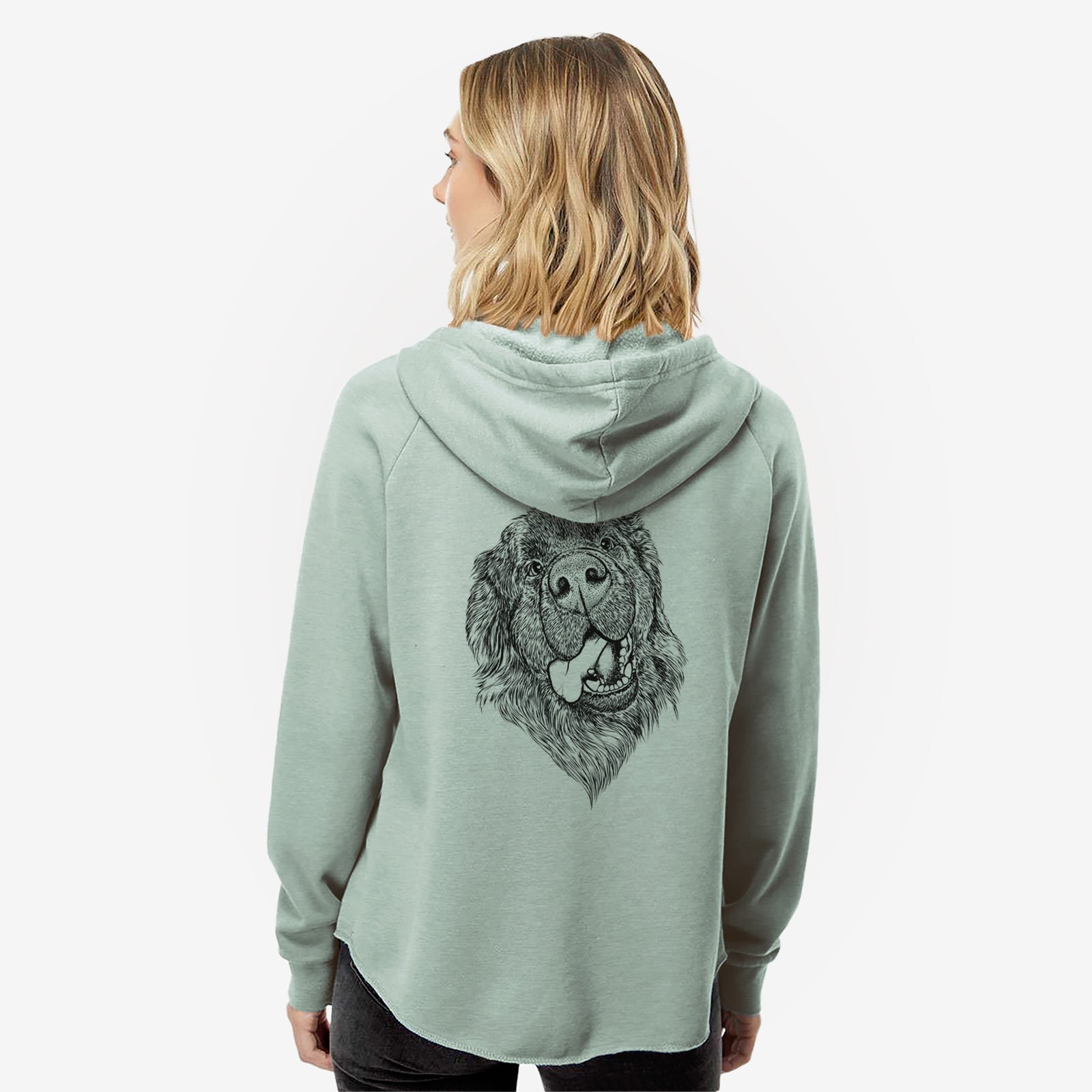 Hand-drawn sketch of Tuna the Newfoundland on a Sage Women's cali wave zip-up sweatshirt