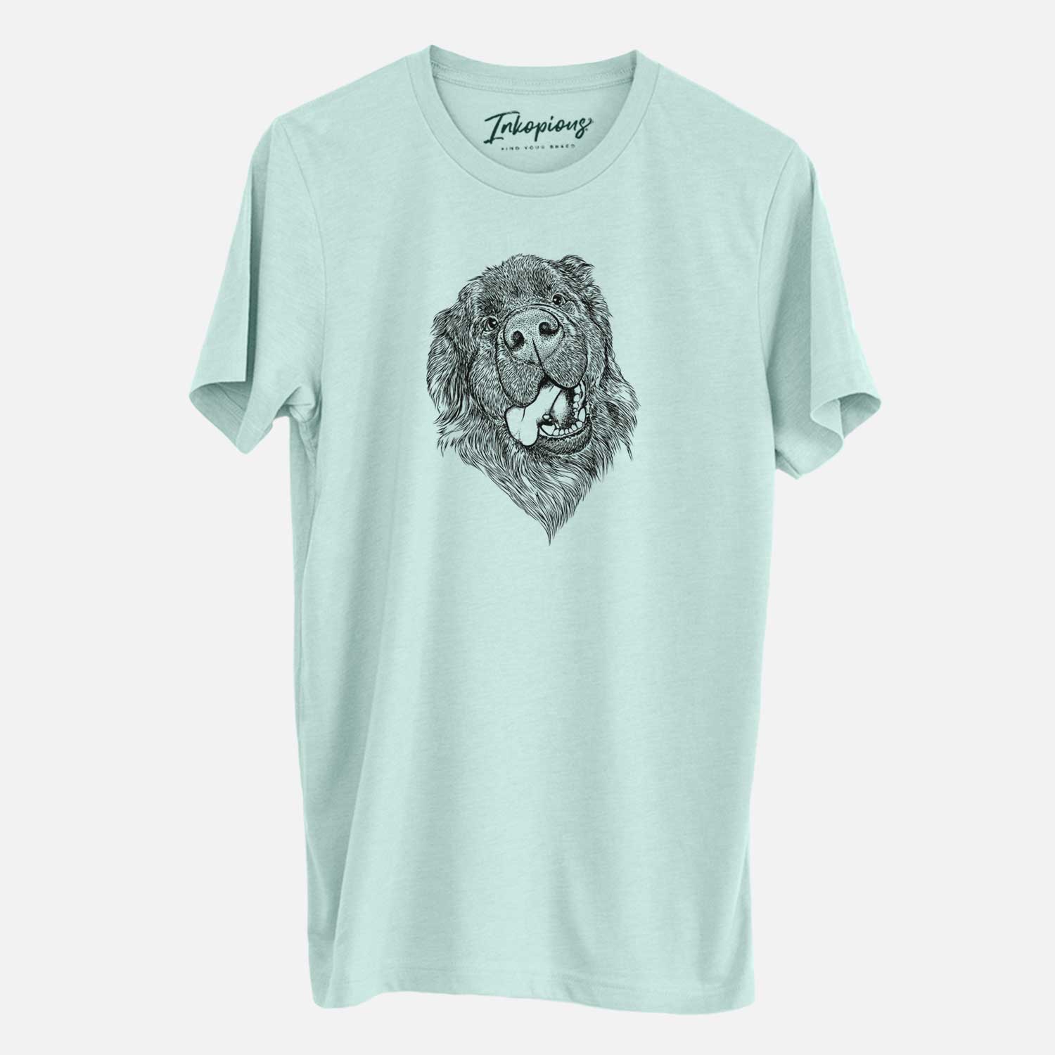 Hand-drawn sketch of Tuna the Newfoundland on a Heather Sage Unisex crewneck