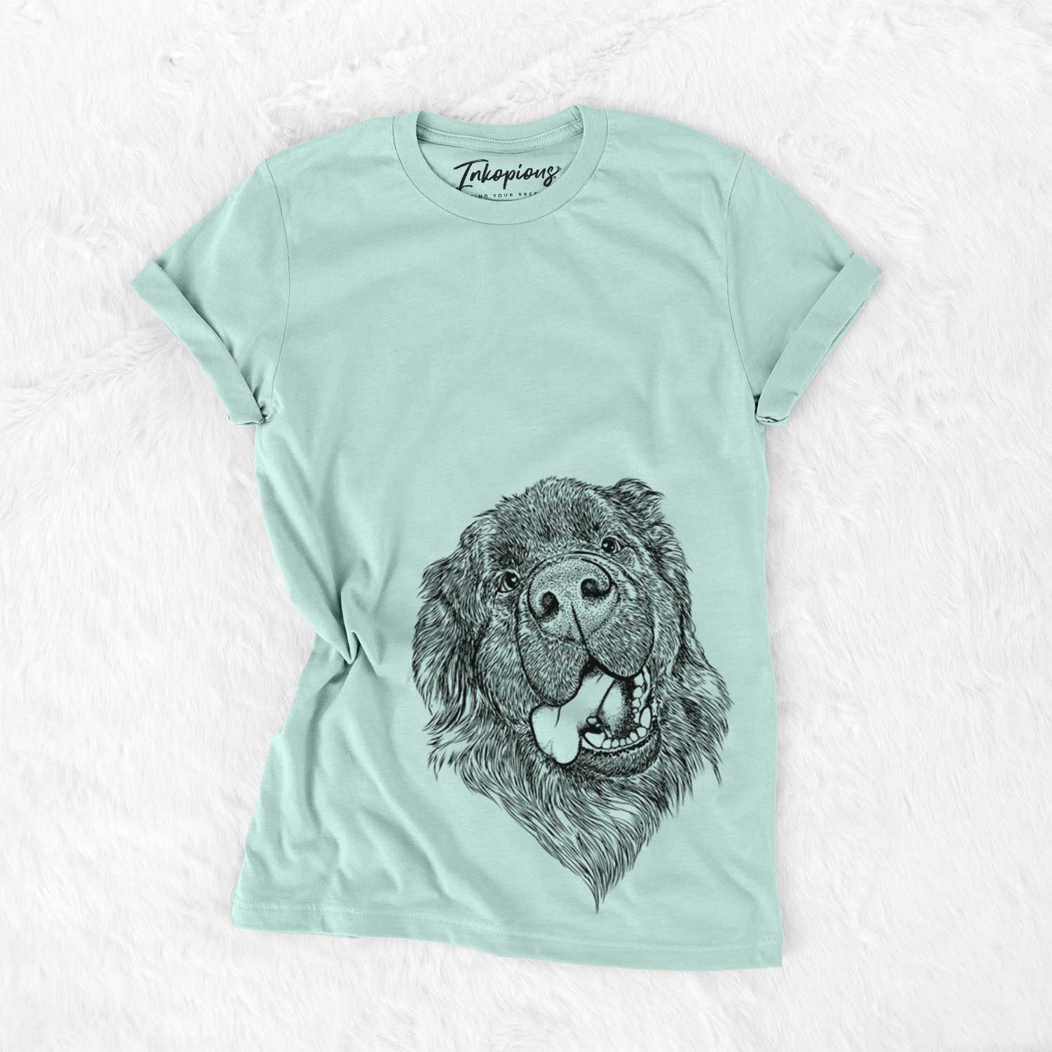 Hand-drawn sketch of Tuna the Newfoundland on a Heather Sage Unisex crewneck