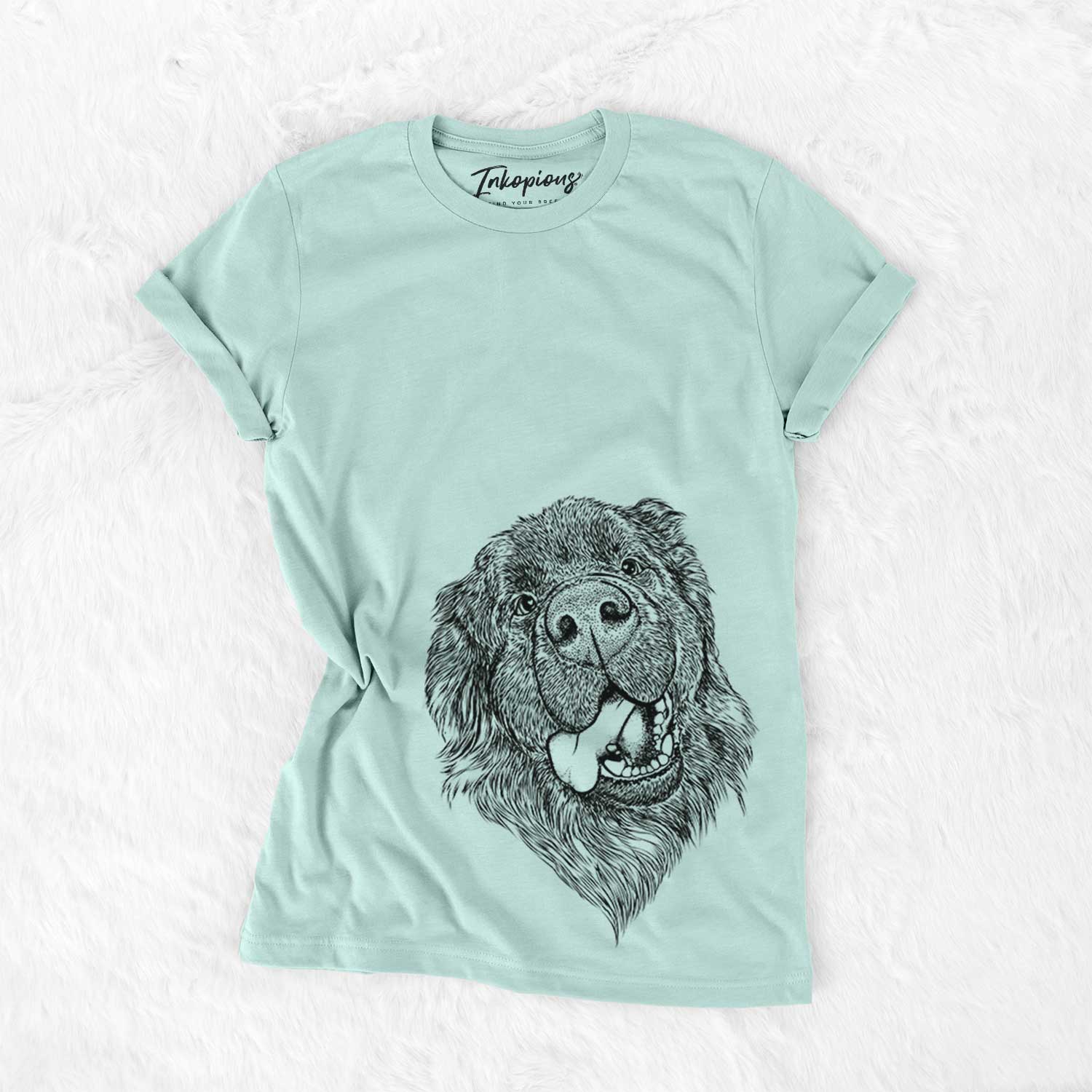 Hand-drawn sketch of Tuna the Newfoundland on a Heather Sage Bella Canvas Unisex Crewneck