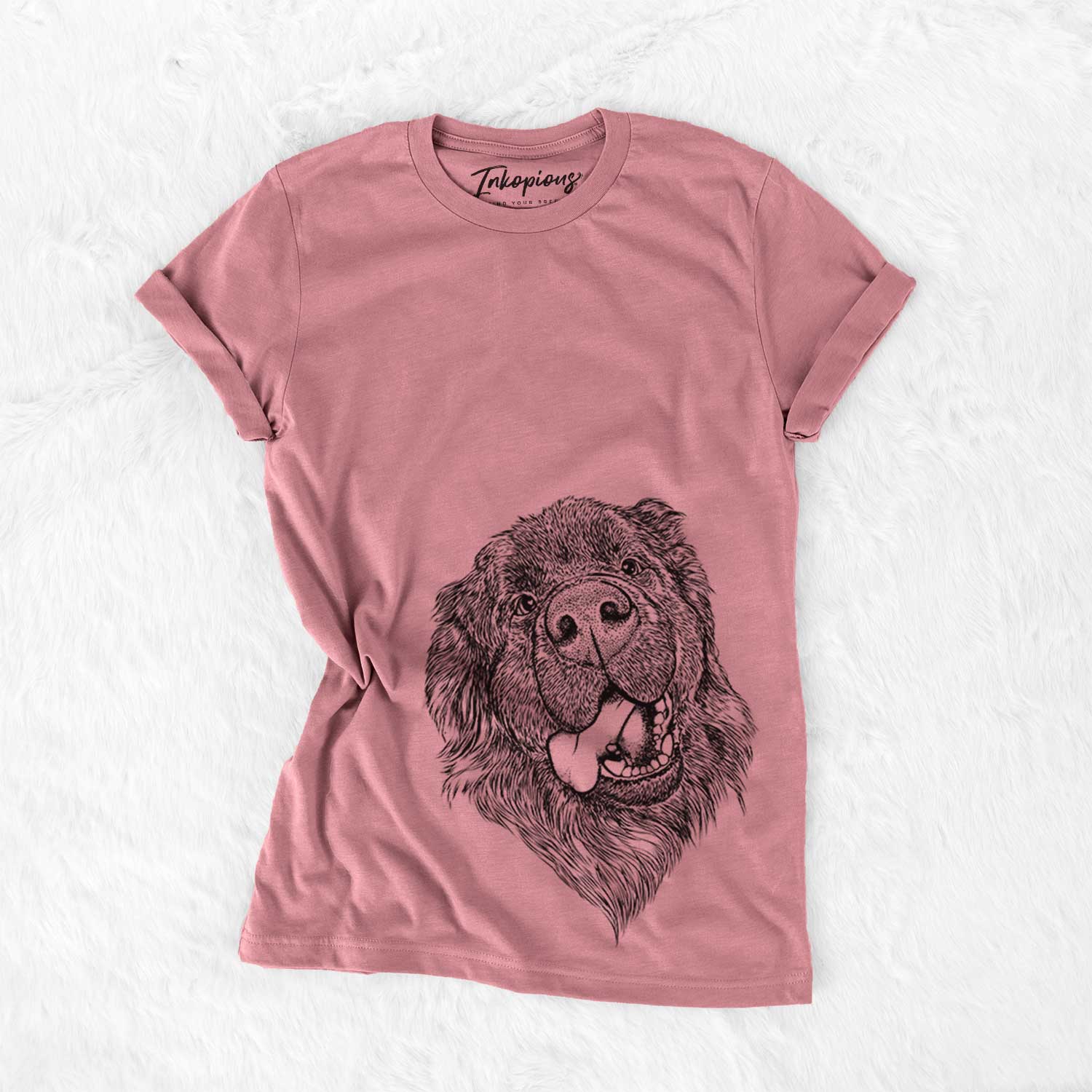 Hand-drawn sketch of Tuna the Newfoundland on a Mauve Bella Canvas Unisex Crewneck