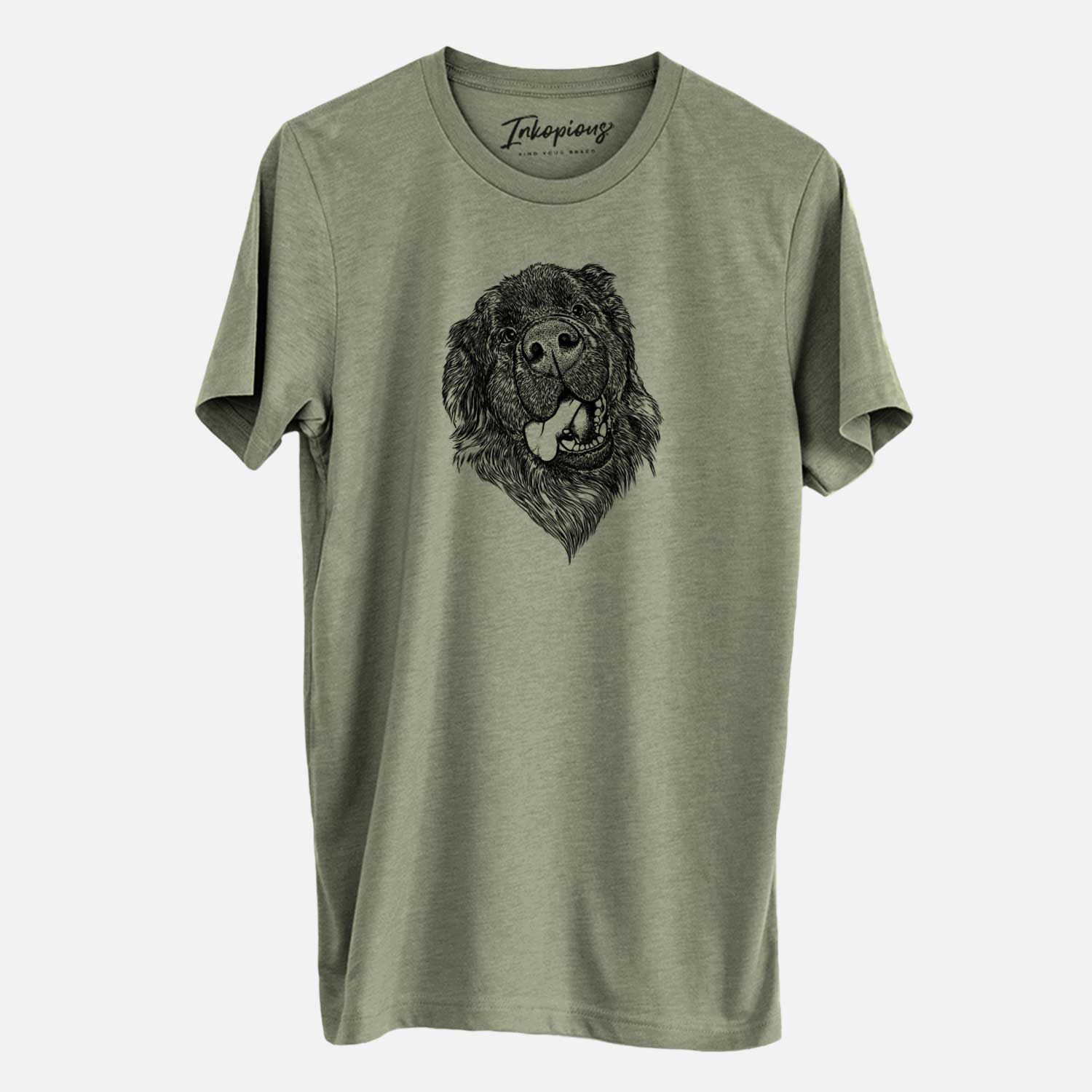 Hand-drawn sketch of Tuna the Newfoundland on an Olive Unisex crewneck