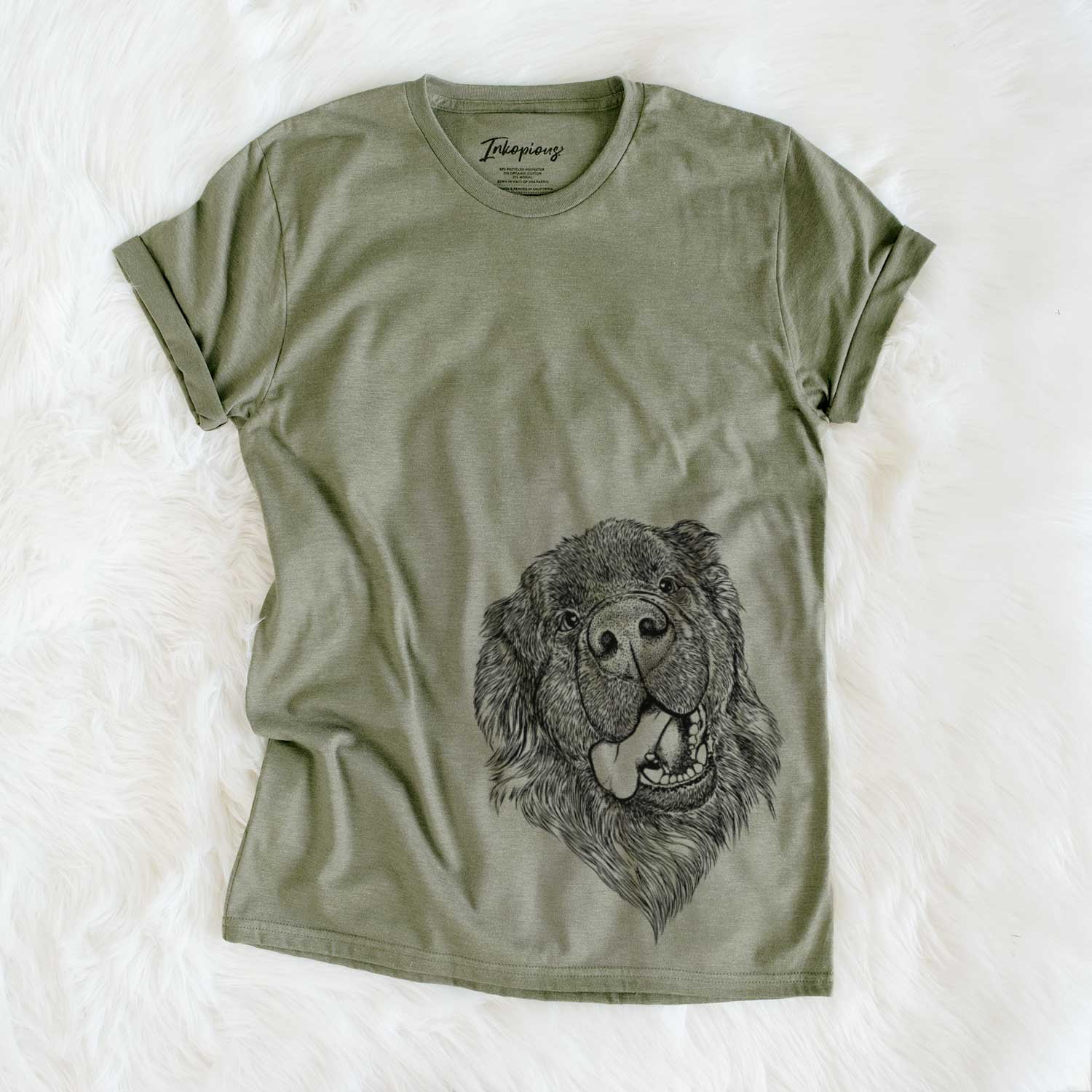 Hand-drawn sketch of Tuna the Newfoundland on an Olive Unisex crewneck