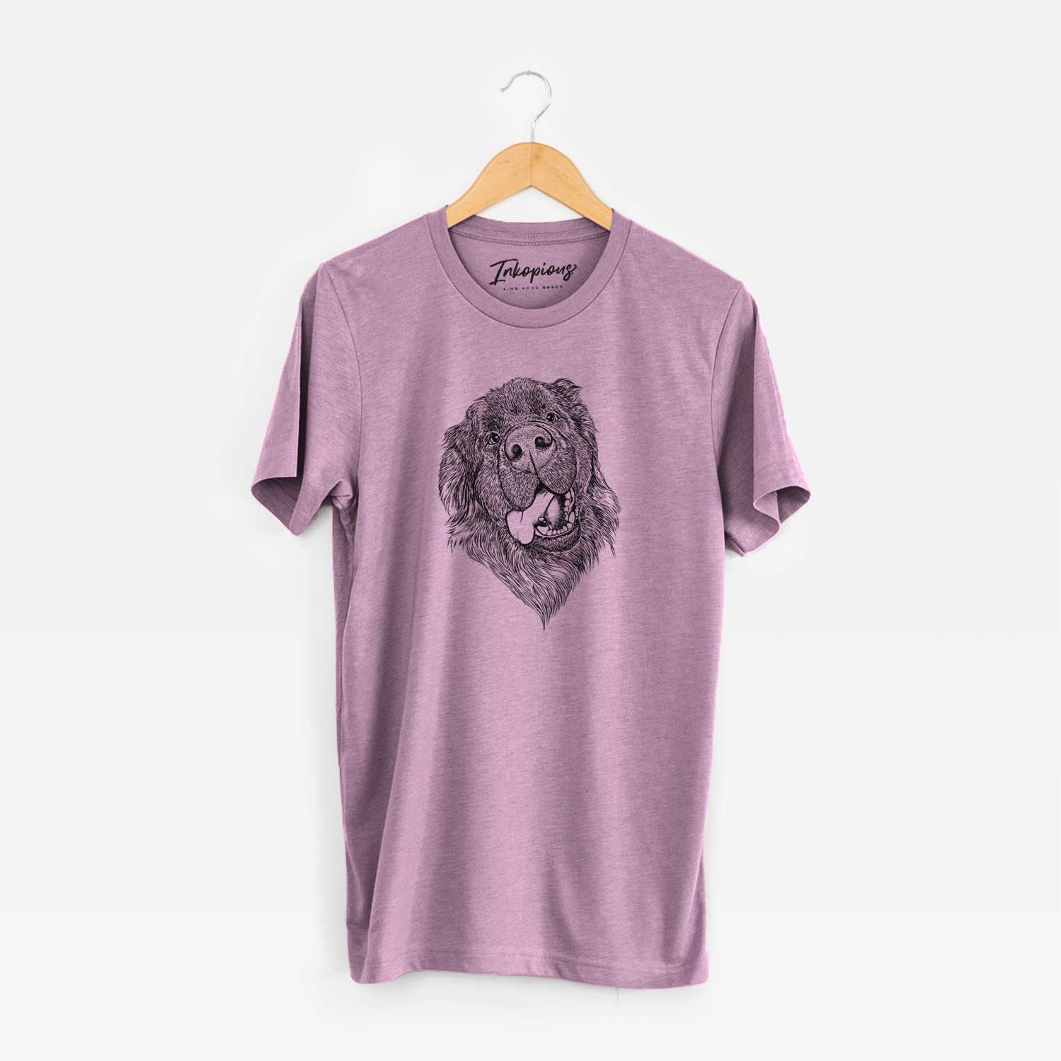 Hand-drawn sketch of Tuna the Newfoundland on an Orchid Unisex crewneck