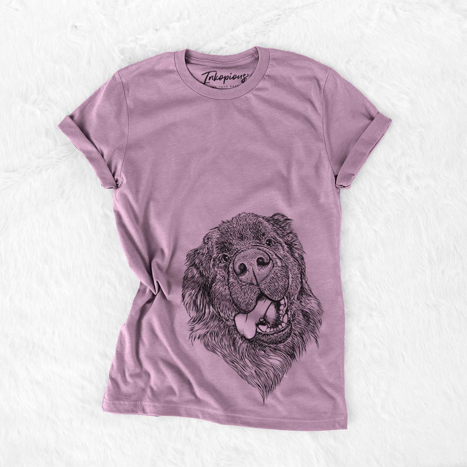 Hand-drawn sketch of Tuna the Newfoundland on an Orchid Bella Canvas Unisex Crewneck