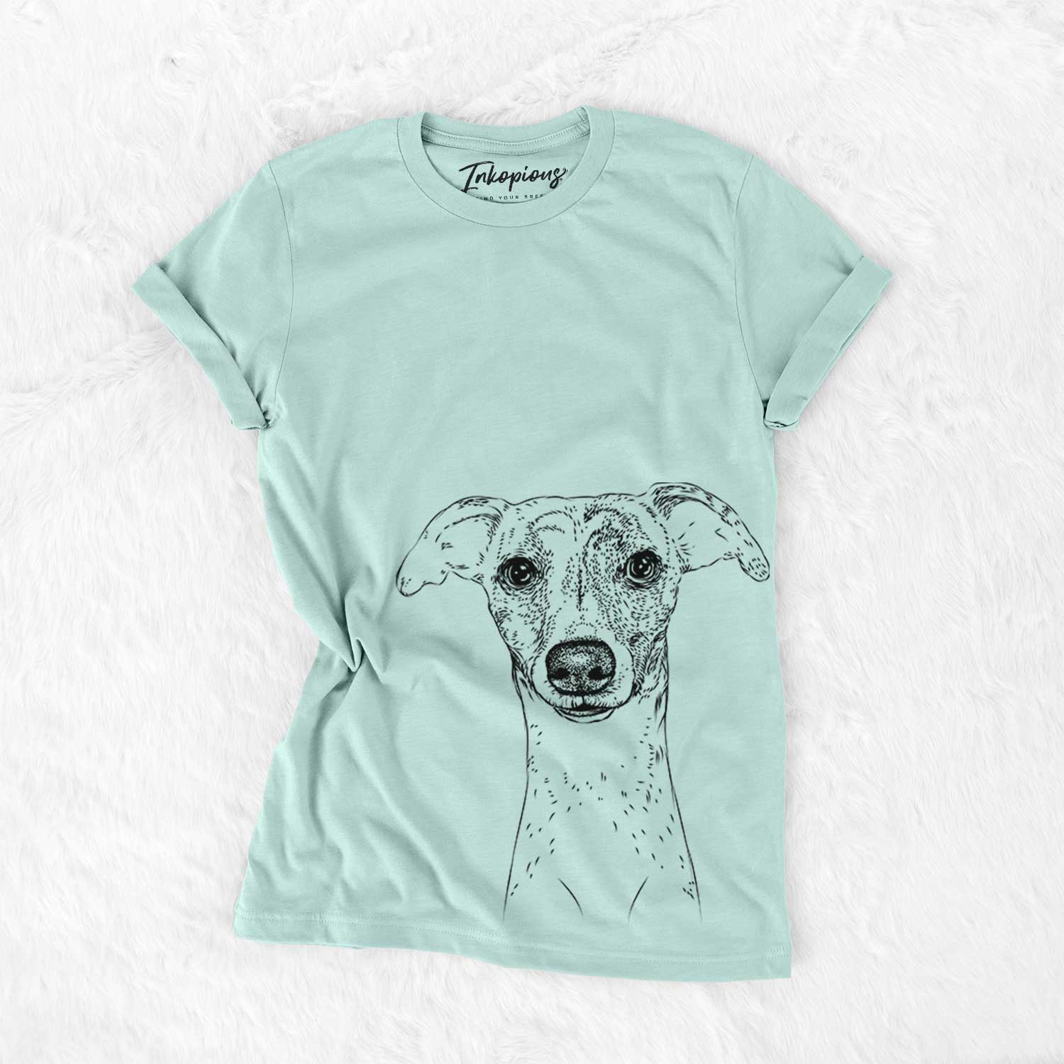 Hand-drawn sketch of Twiggy the Whippet on a Heather Sage Bella Canvas Unisex Crewneck