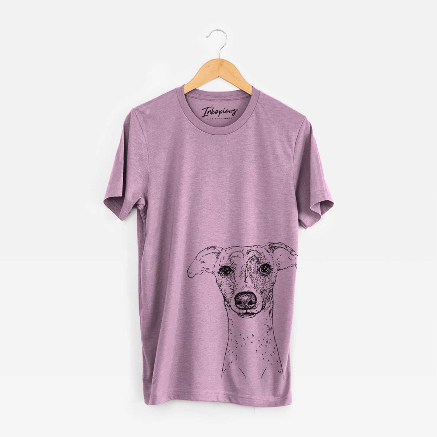 Hand-drawn sketch of Twiggy the Whippet on an Orchid Bella Canvas Unisex Crewneck