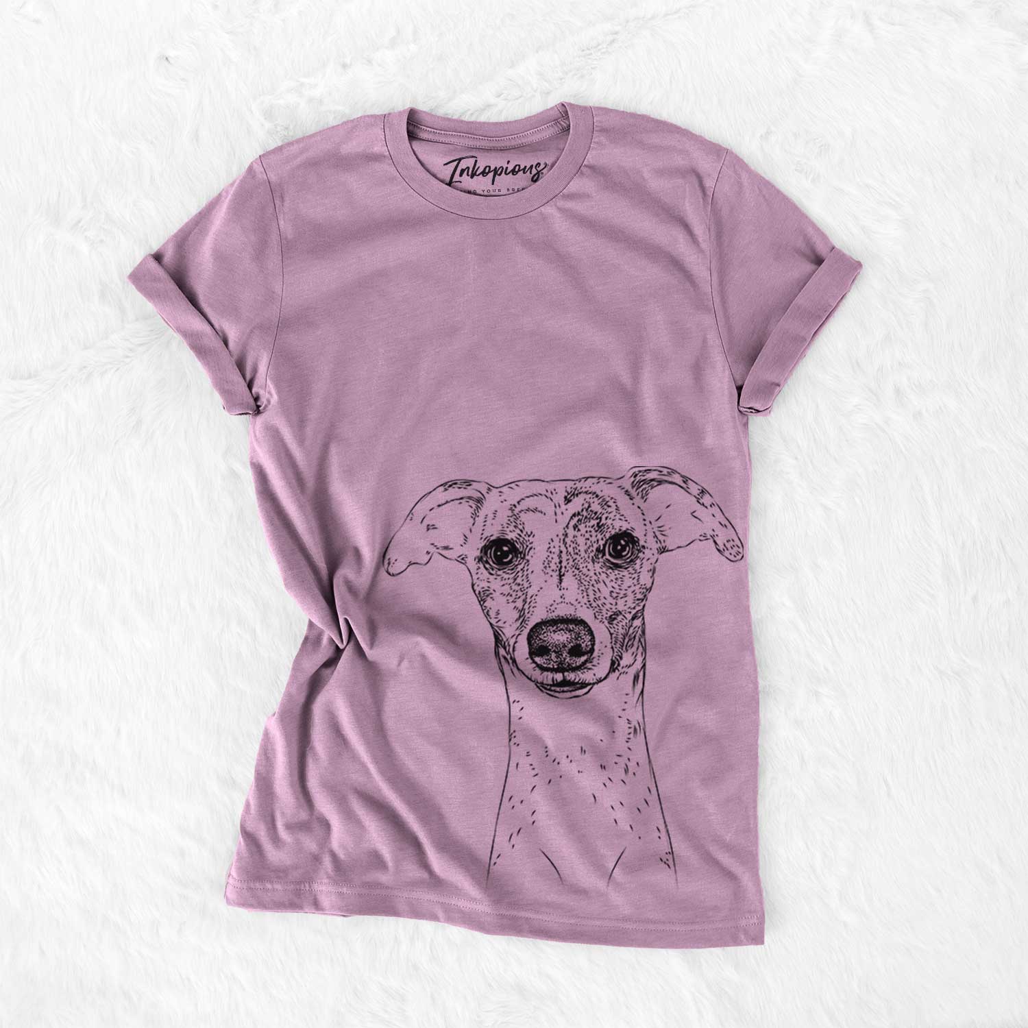 Hand-drawn sketch of Twiggy the Whippet on an Orchid Bella Canvas Unisex Crewneck