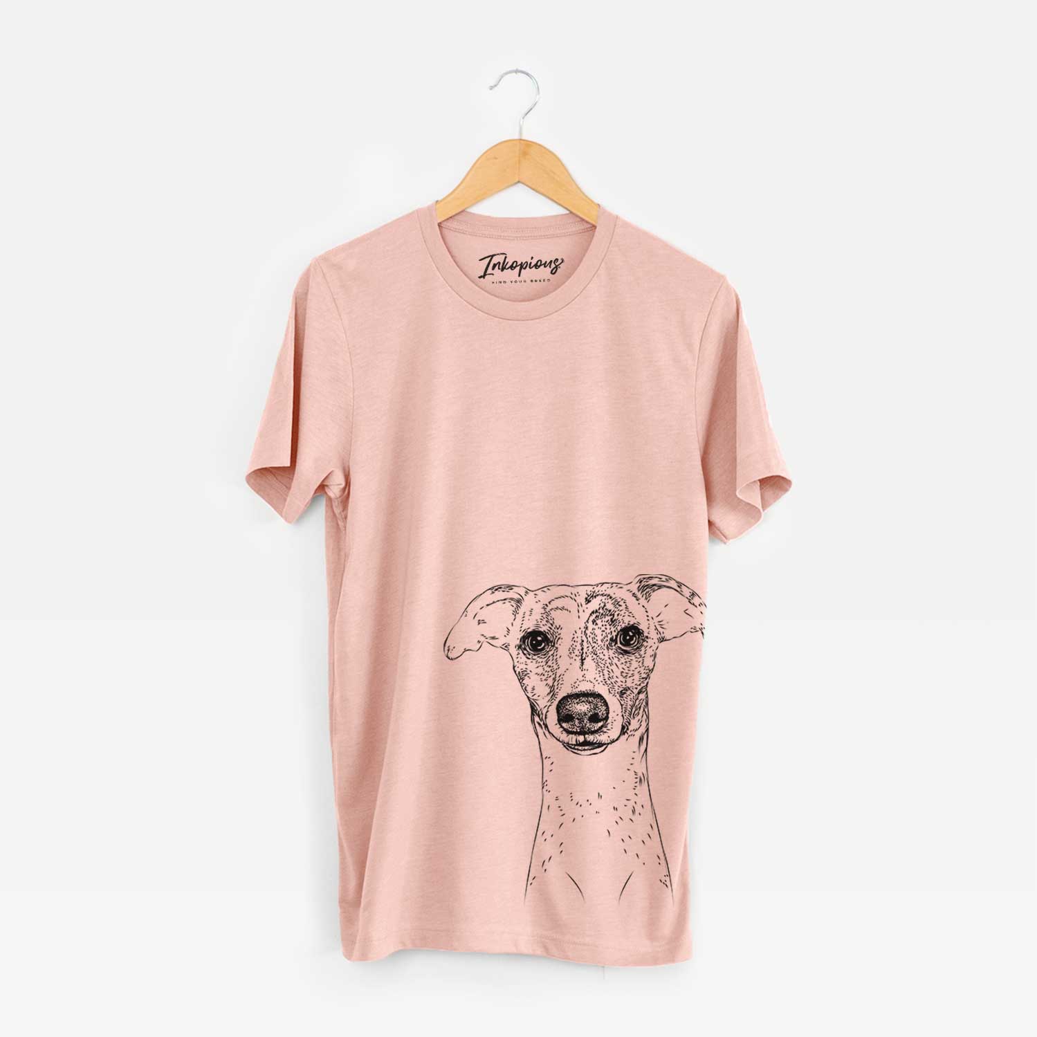 Hand-drawn sketch of Twiggy the Whippet on a Peach Bella Canvas Unisex Crewneck