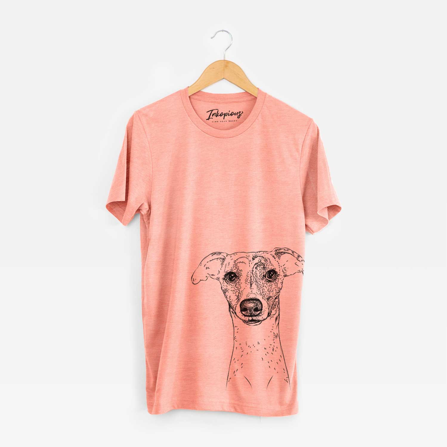 Hand-drawn sketch of Twiggy the Whippet on a Sunset Bella Canvas Unisex Crewneck