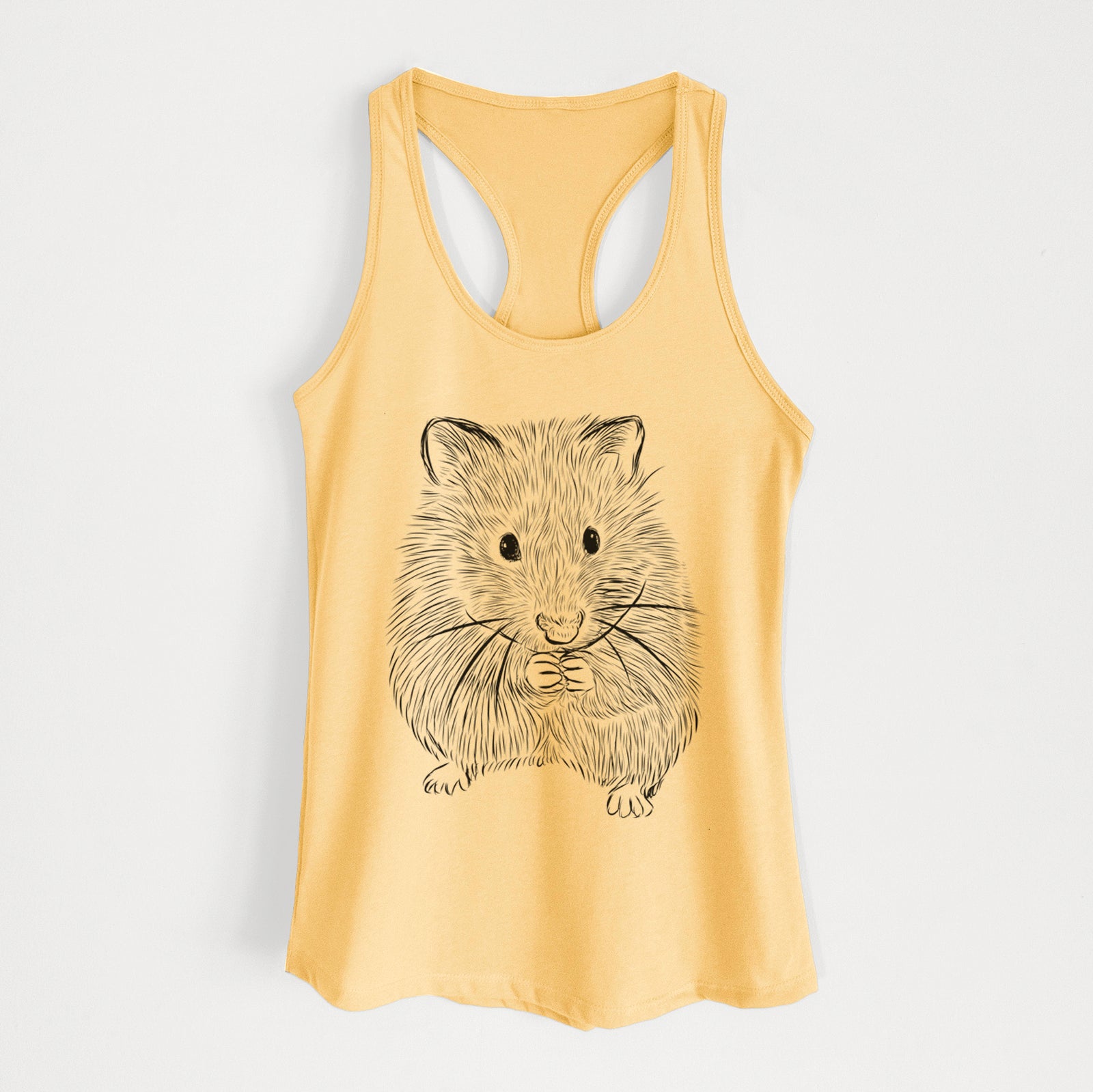 Hand-drawn sketch of Twitch the Hamster on a Banana Cream Women's racerback tanktop