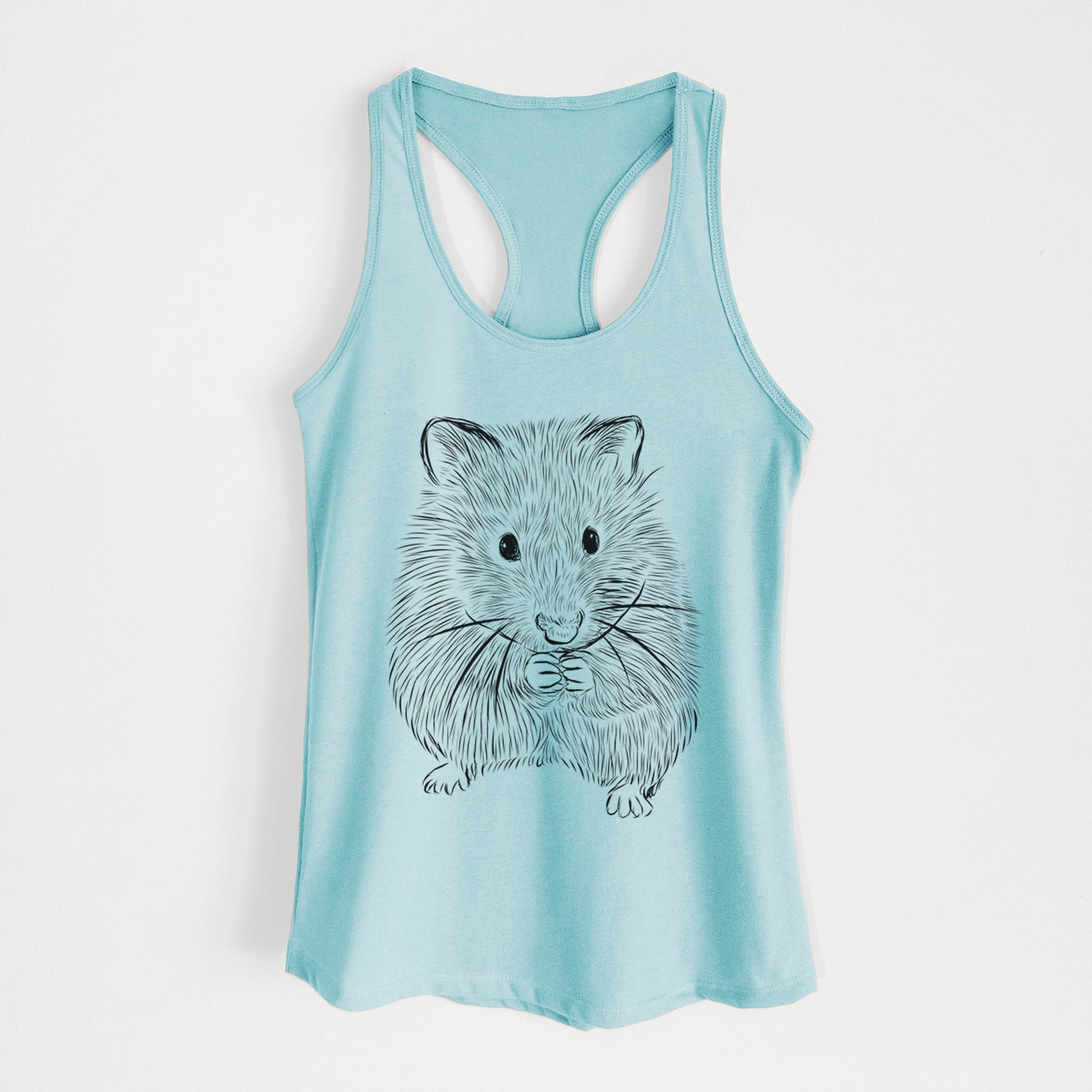 Hand-drawn sketch of Twitch the Hamster on a Cancun Blue Women's racerback tanktop