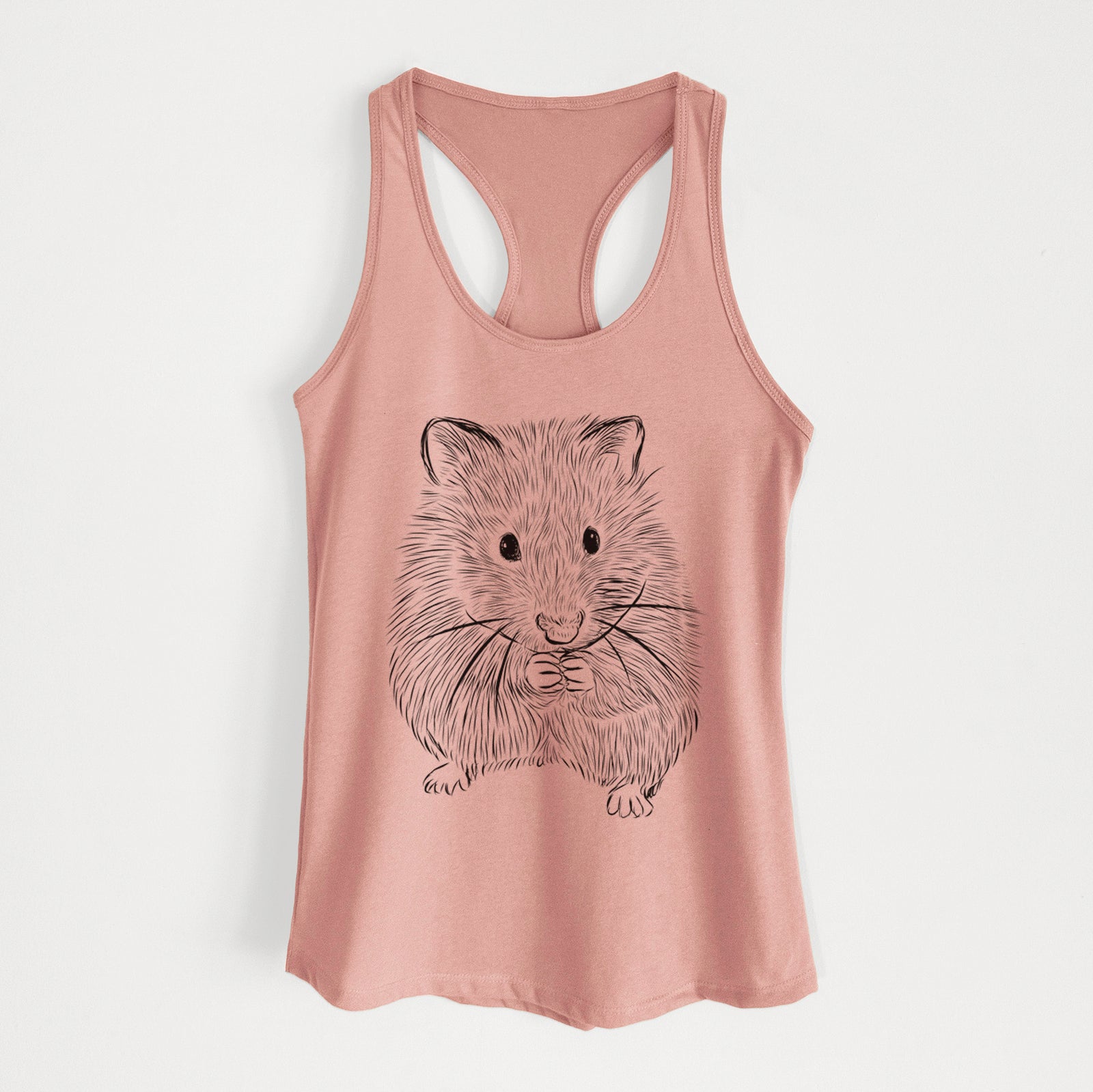 Hand-drawn sketch of Twitch the Hamster on a Desert Pink Women's racerback tanktop