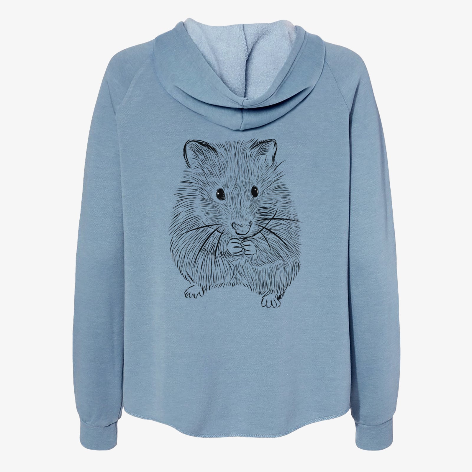 Hand-drawn sketch of Twitch the Hamster on a Misty Blue Women's cali wave zip-up sweatshirt