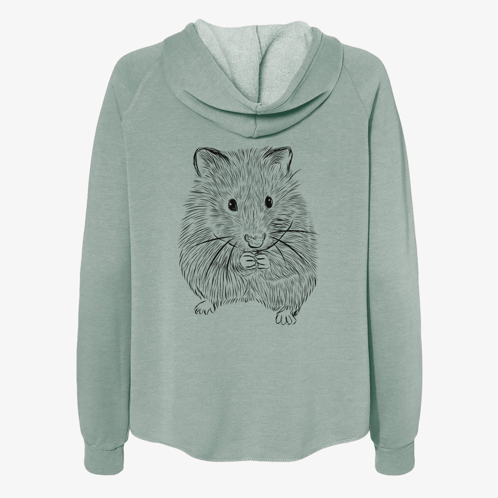 Hand-drawn sketch of Twitch the Hamster on a Sage Women's cali wave zip-up sweatshirt