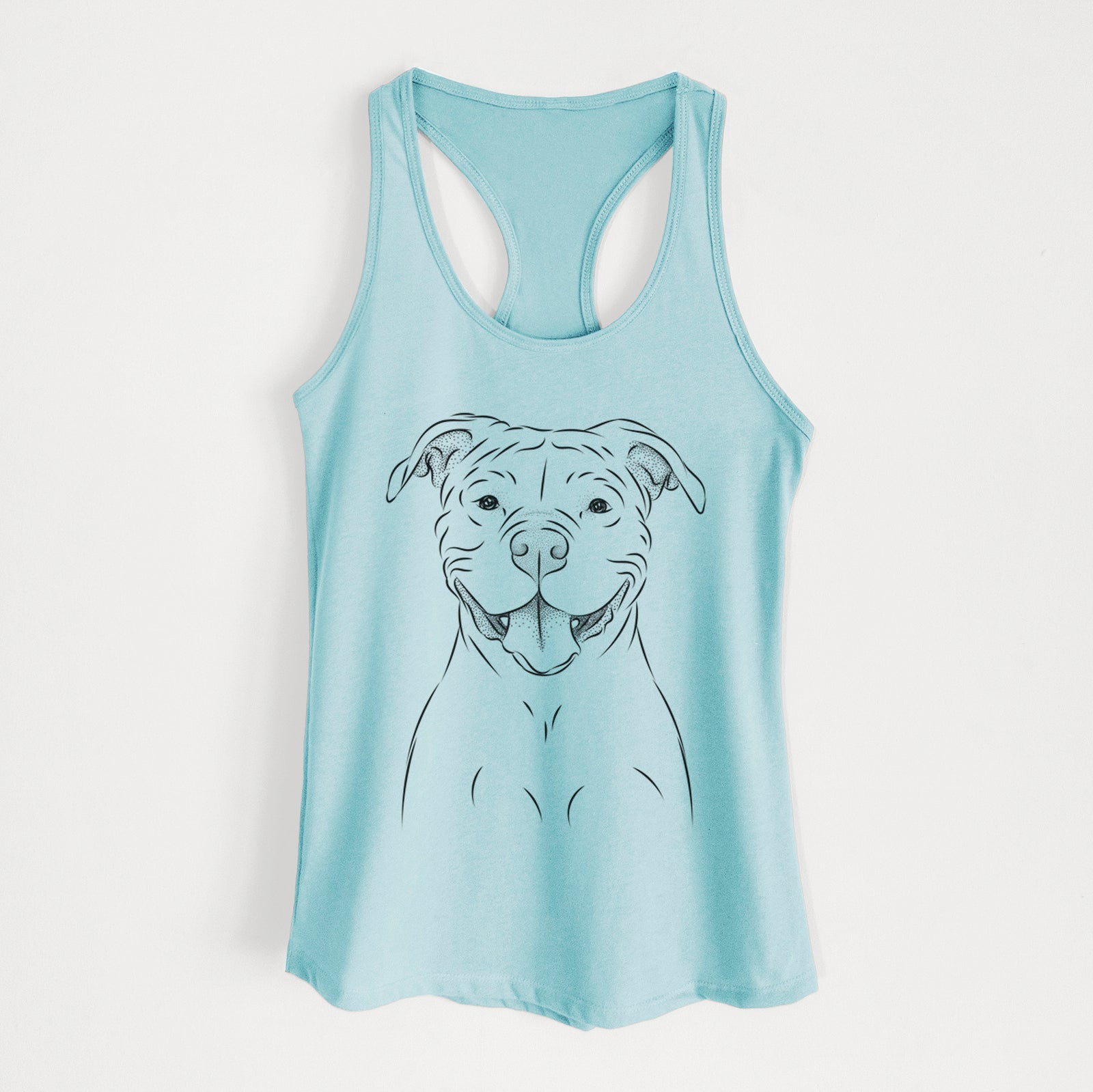 Hand-drawn sketch of Tyson the American Bulldog on a Cancun Blue Women's racerback tanktop