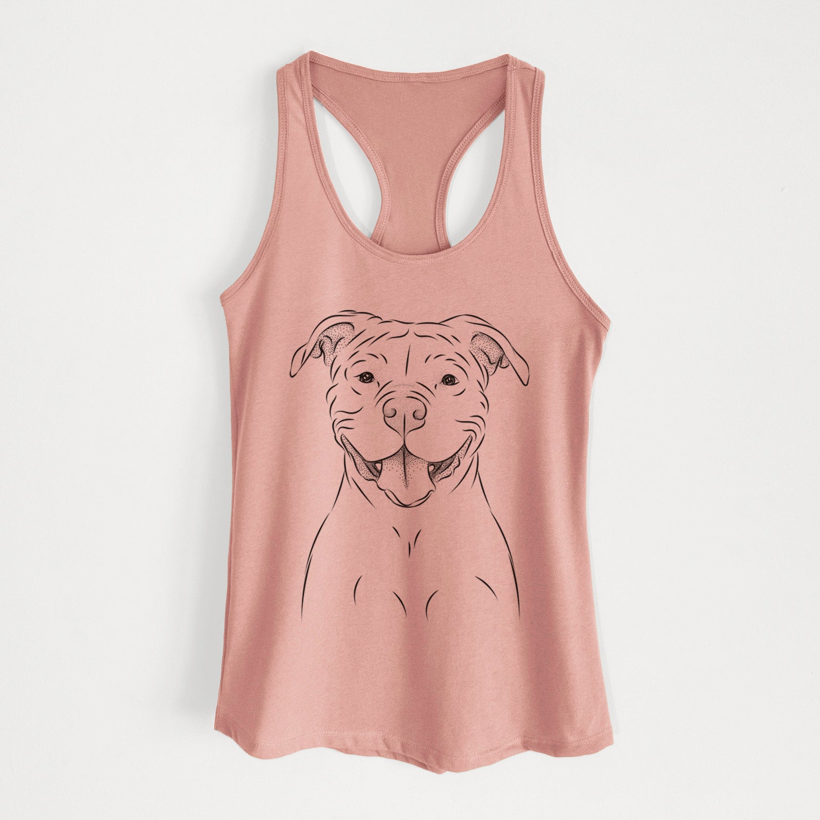 Hand-drawn sketch of Tyson the American Bulldog on a Desert Pink Women's racerback tanktop