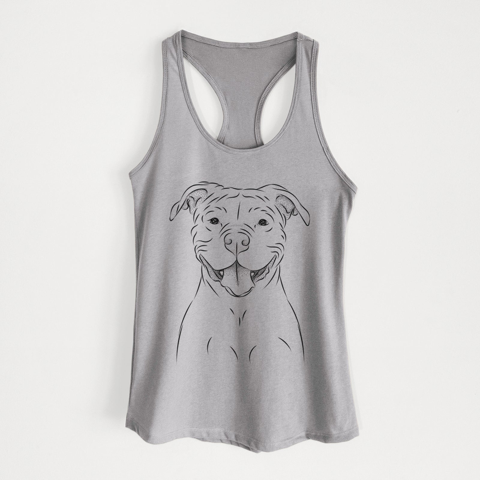 Hand-drawn sketch of Tyson the American Bulldog on a Heather Grey Women's racerback tanktop
