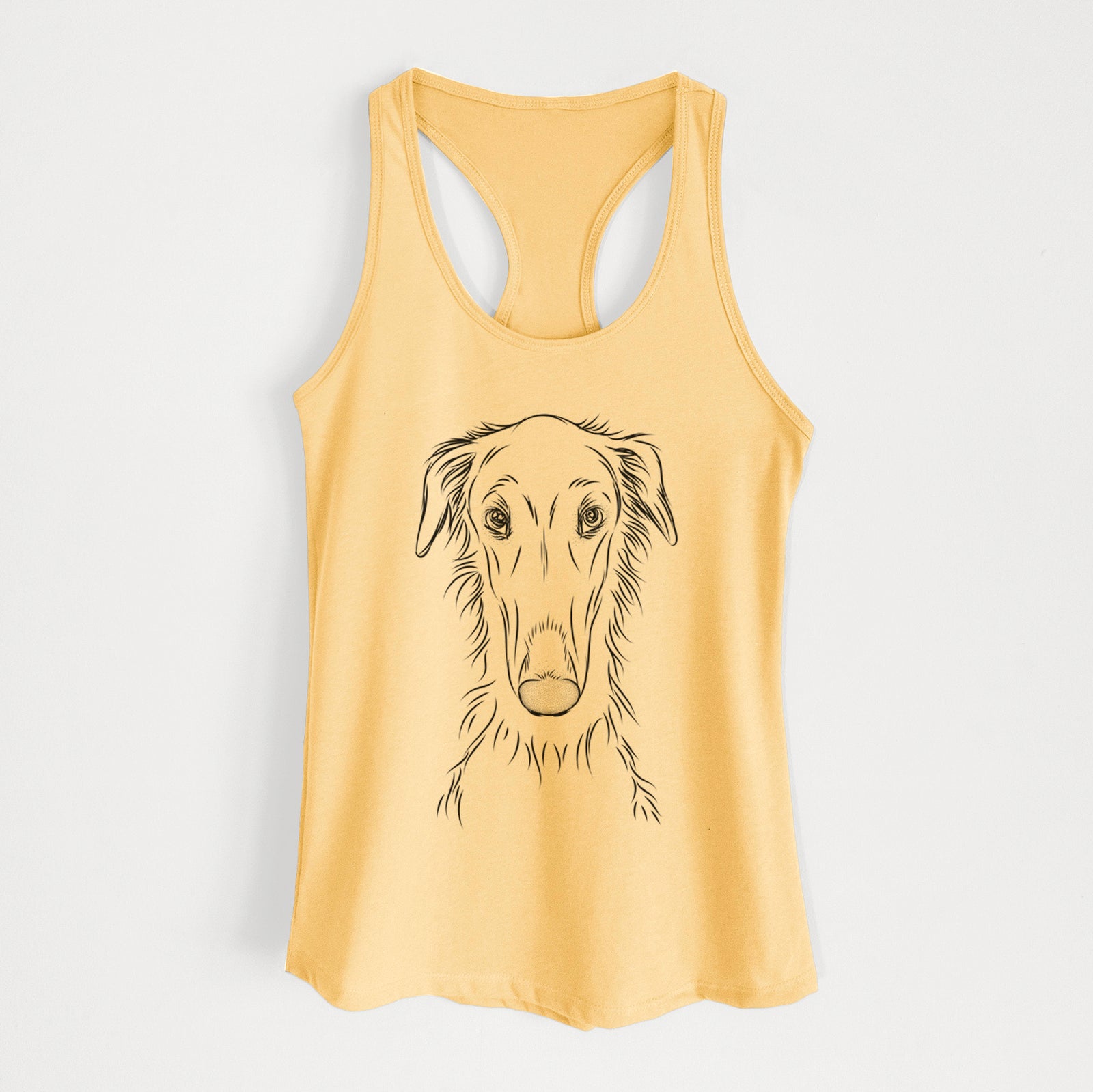 Hand-drawn sketch of Vaughn the Borzoi on a Banana Cream Women's racerback tanktop