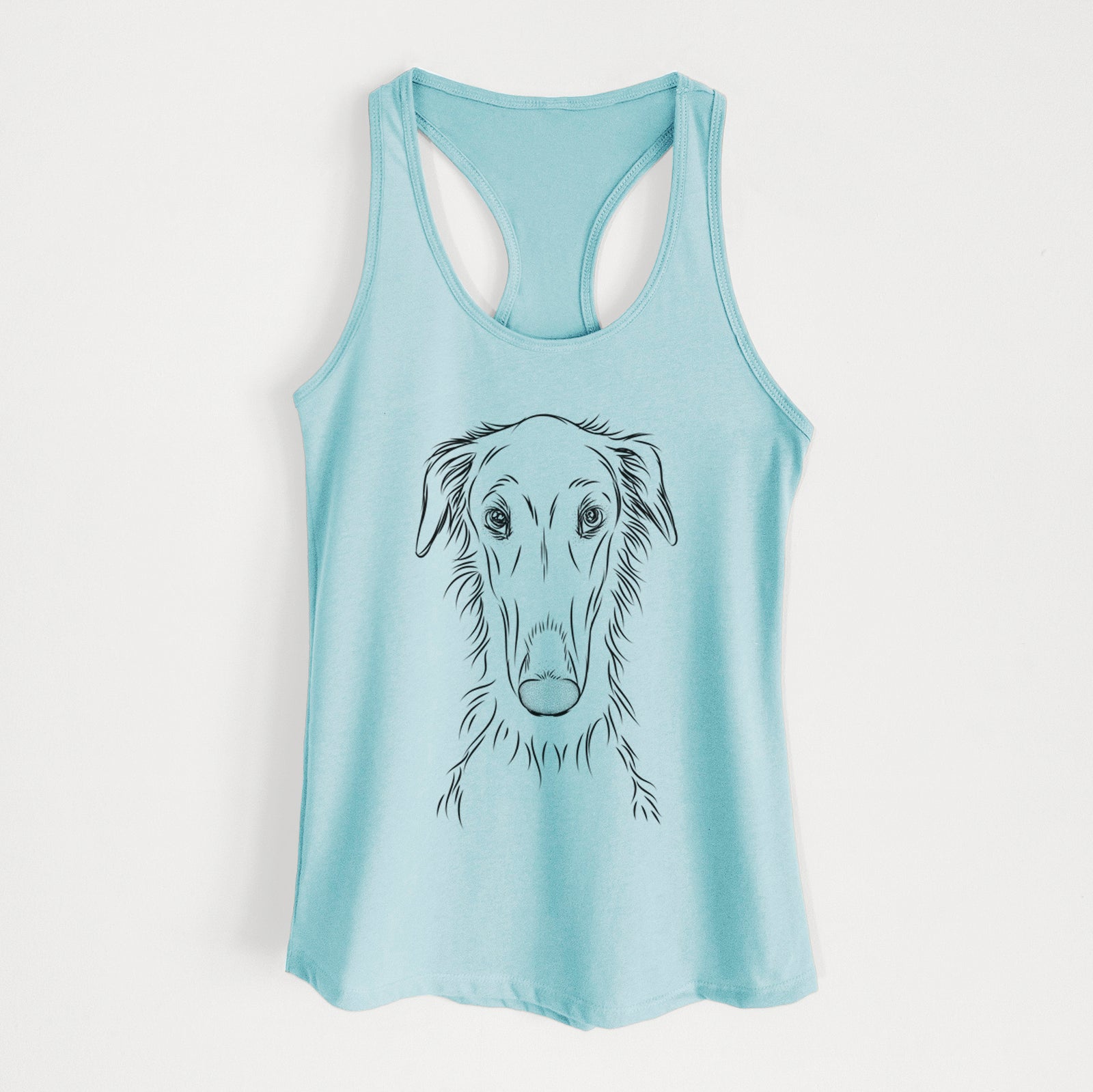 Hand-drawn sketch of Vaughn the Borzoi on a Cancun Blue Women's racerback tanktop