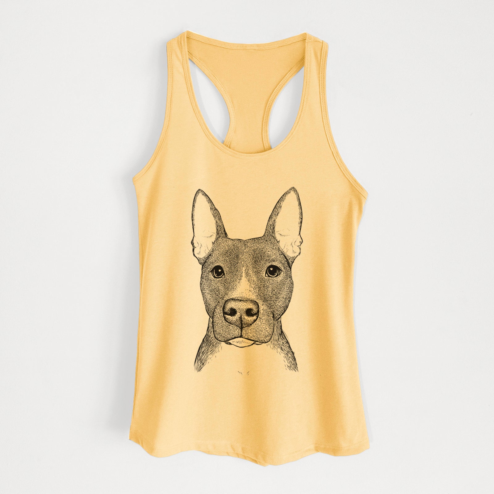 Hand-drawn sketch of Violet the Pitbull on a Banana Cream Women's racerback tanktop