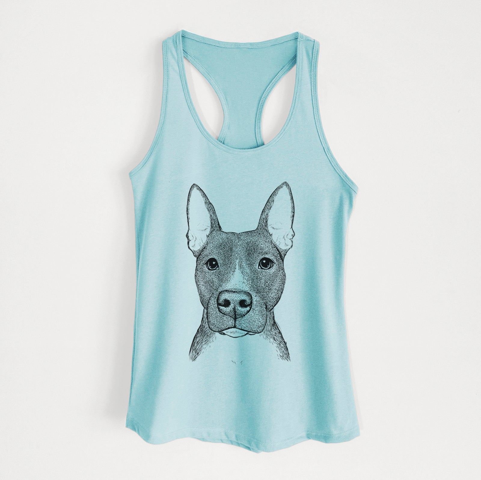Hand-drawn sketch of Violet the Pitbull on a Cancun Blue Women's racerback tanktop