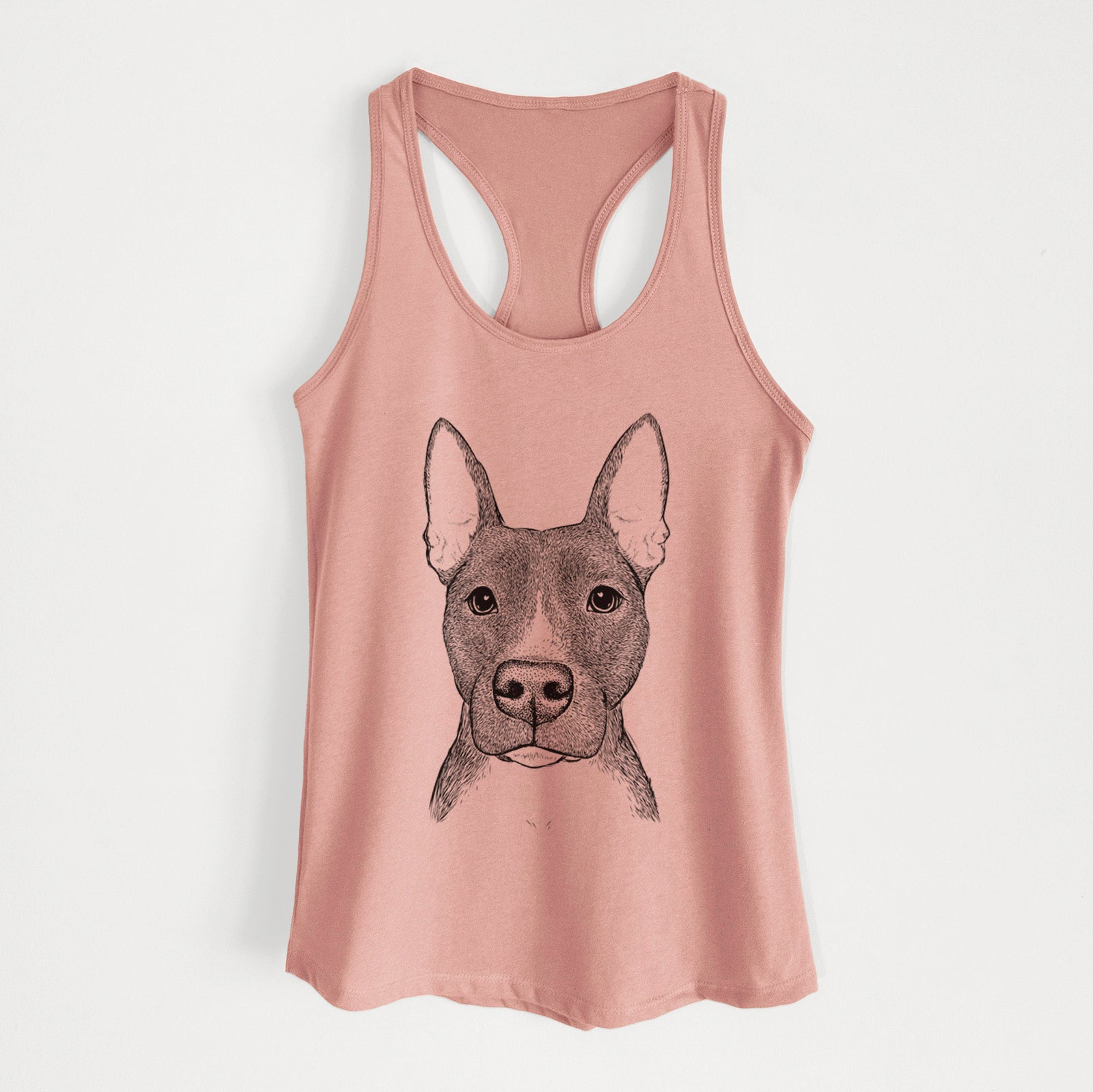 Hand-drawn sketch of Violet the Pitbull on a Desert Pink Women's racerback tanktop