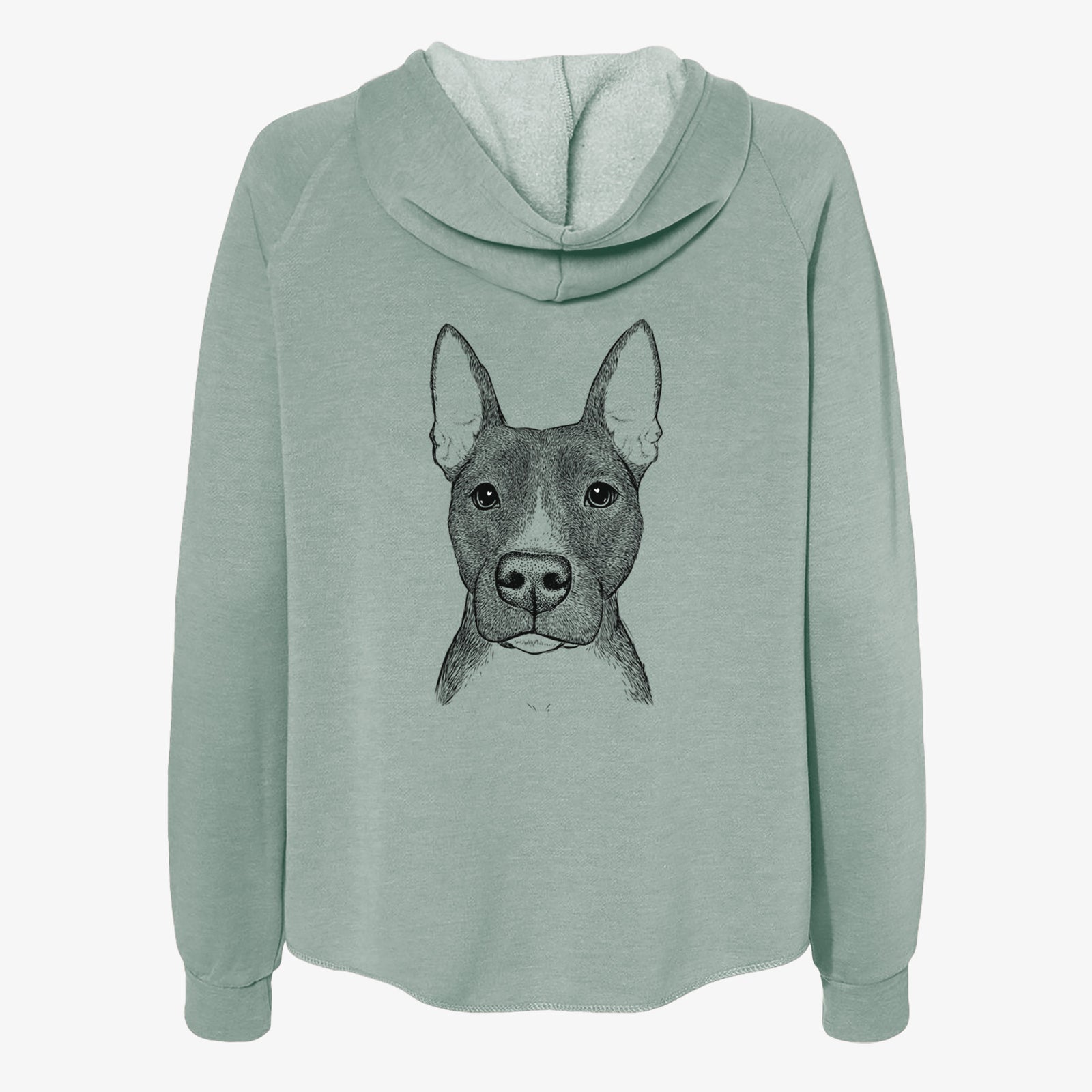 Hand-drawn sketch of Violet the Pitbull on a Sage Women's cali wave zip-up sweatshirt