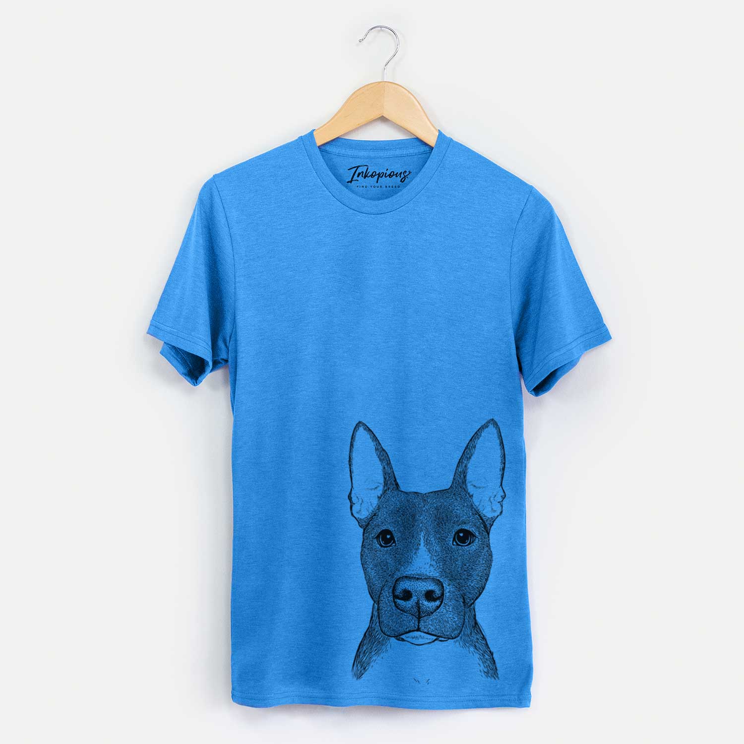 Hand-drawn sketch of Violet the Pitbull on a Blue Unisex crewneck