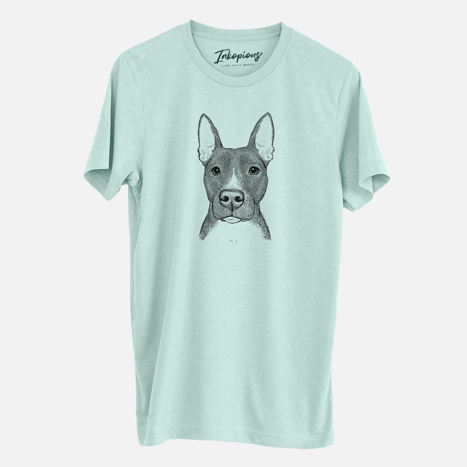 Hand-drawn sketch of Violet the Pitbull on a Heather Sage Unisex crewneck