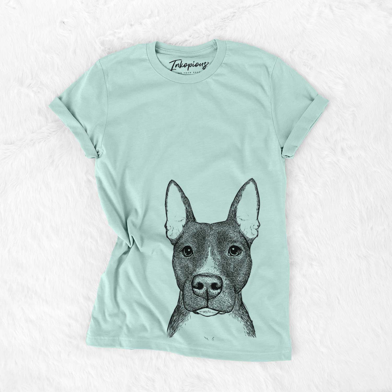 Hand-drawn sketch of Violet the Pitbull on a Heather Sage Bella Canvas Unisex Crewneck