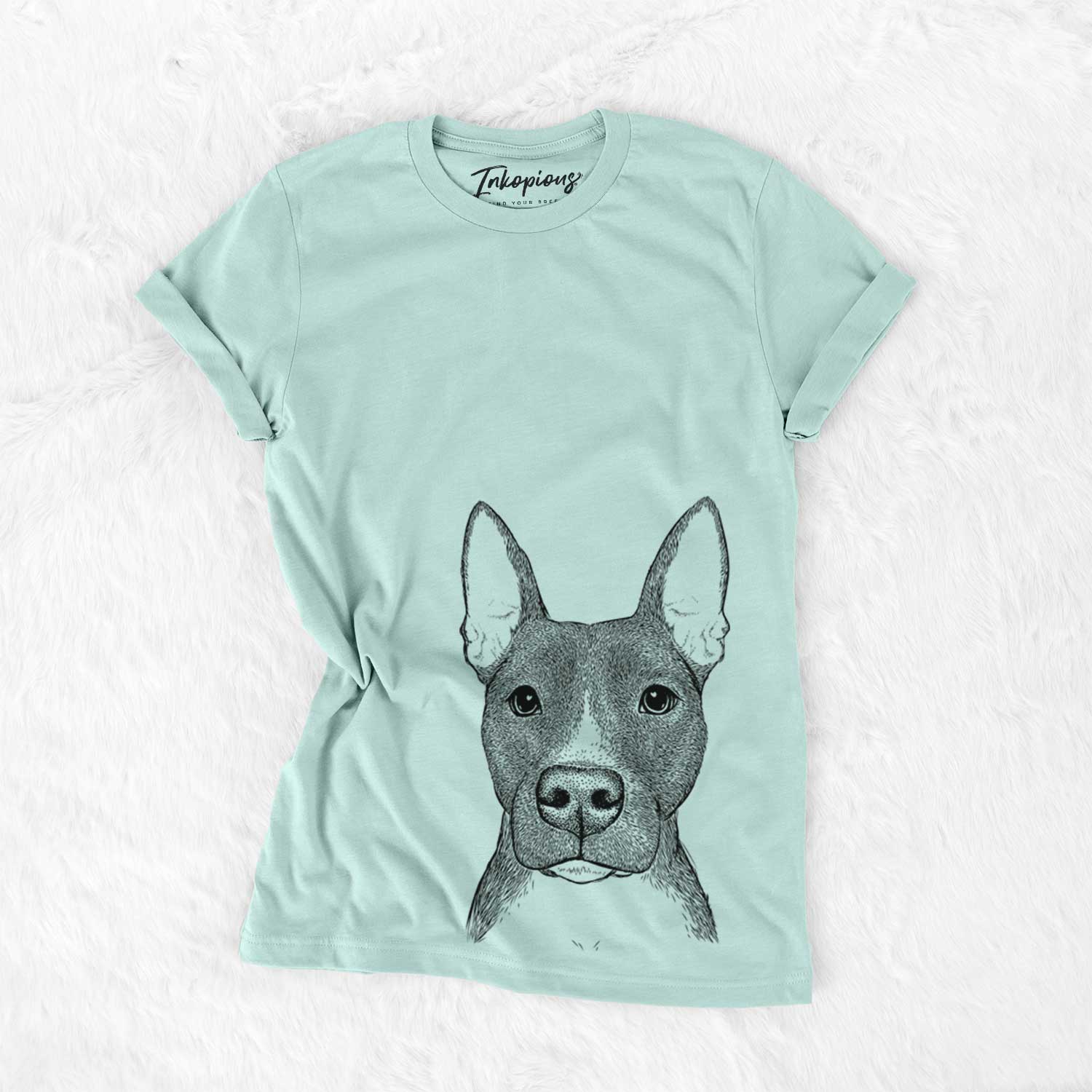 Hand-drawn sketch of Violet the Pitbull on a Heather Sage Unisex crewneck
