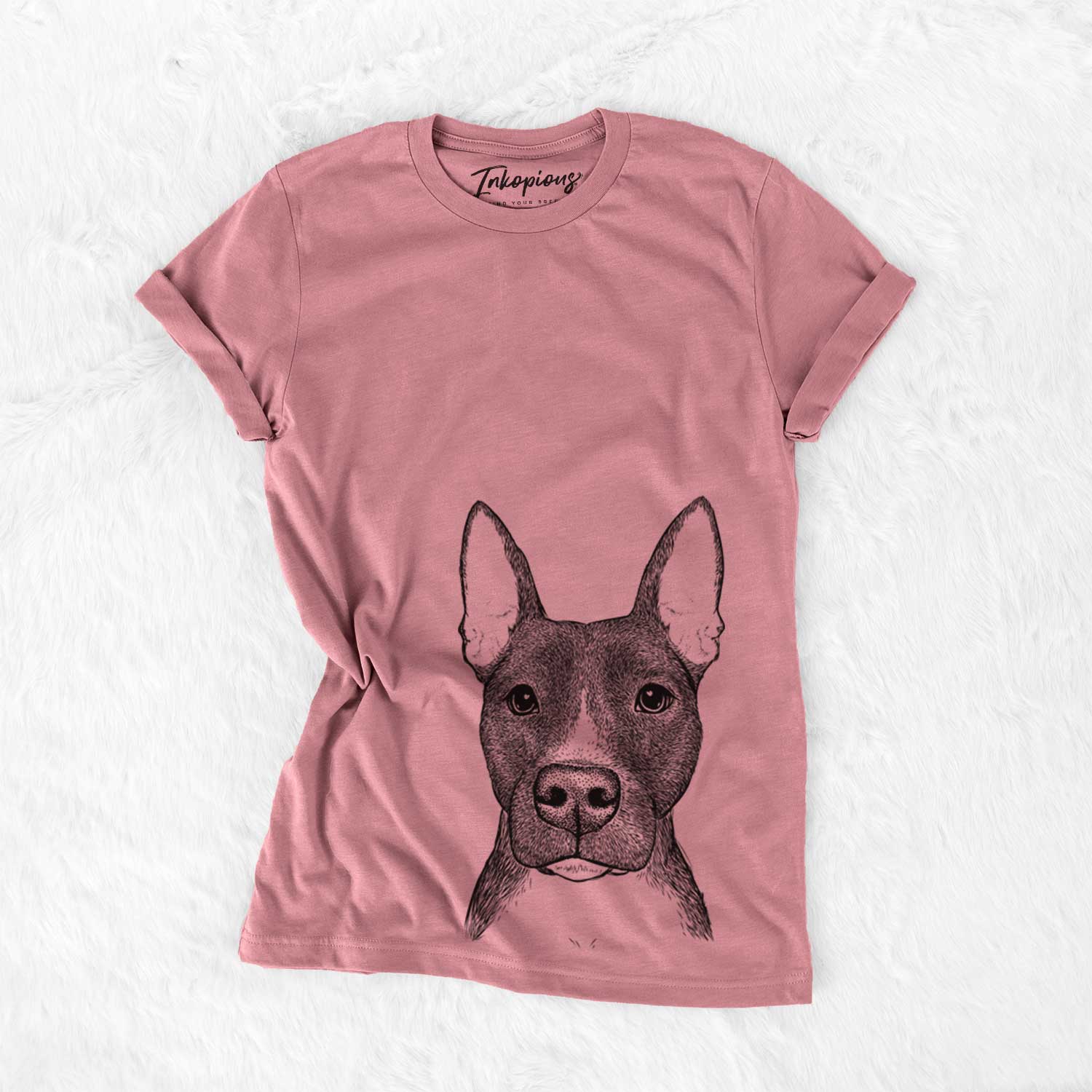 Hand-drawn sketch of Violet the Pitbull on a Mauve Bella Canvas Unisex Crewneck