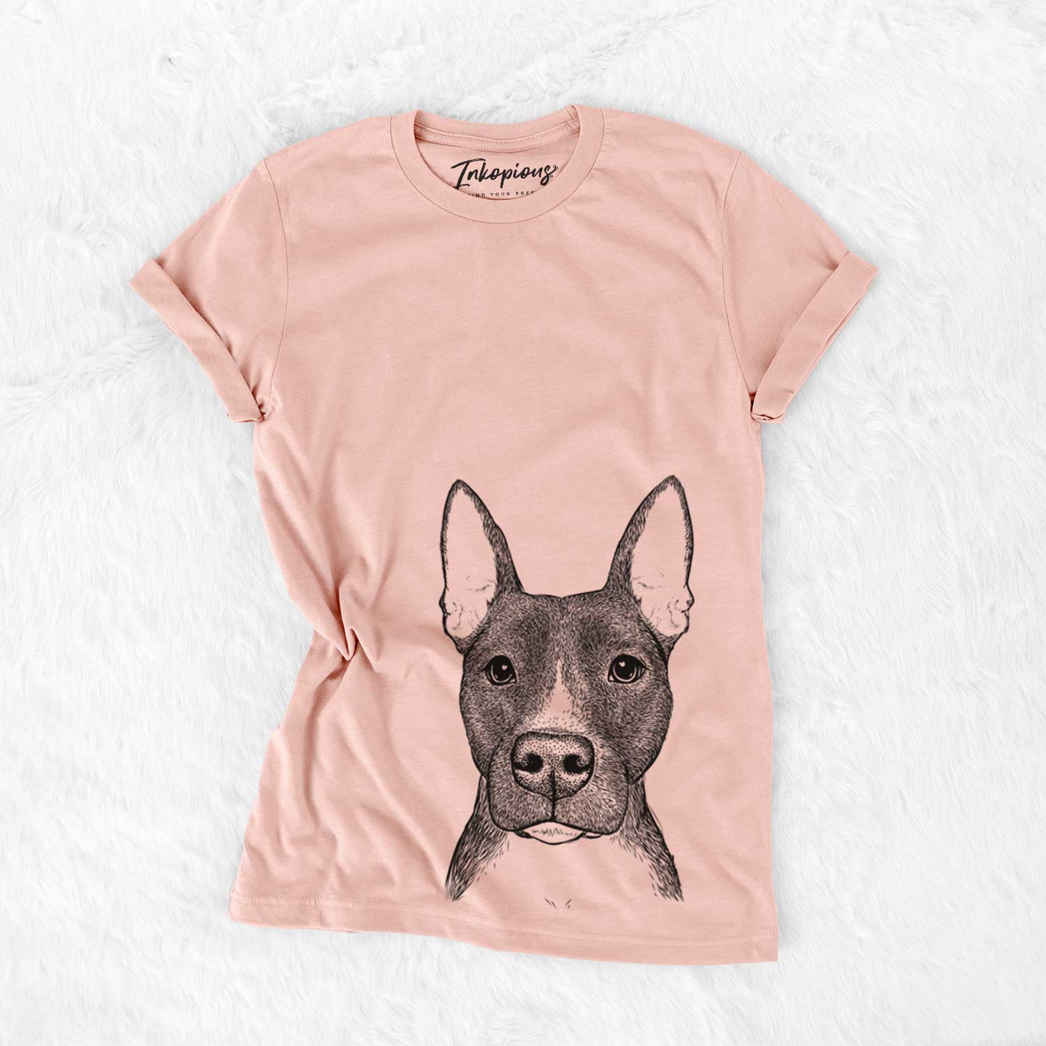 Hand-drawn sketch of Violet the Pitbull on a Peach Bella Canvas Unisex Crewneck