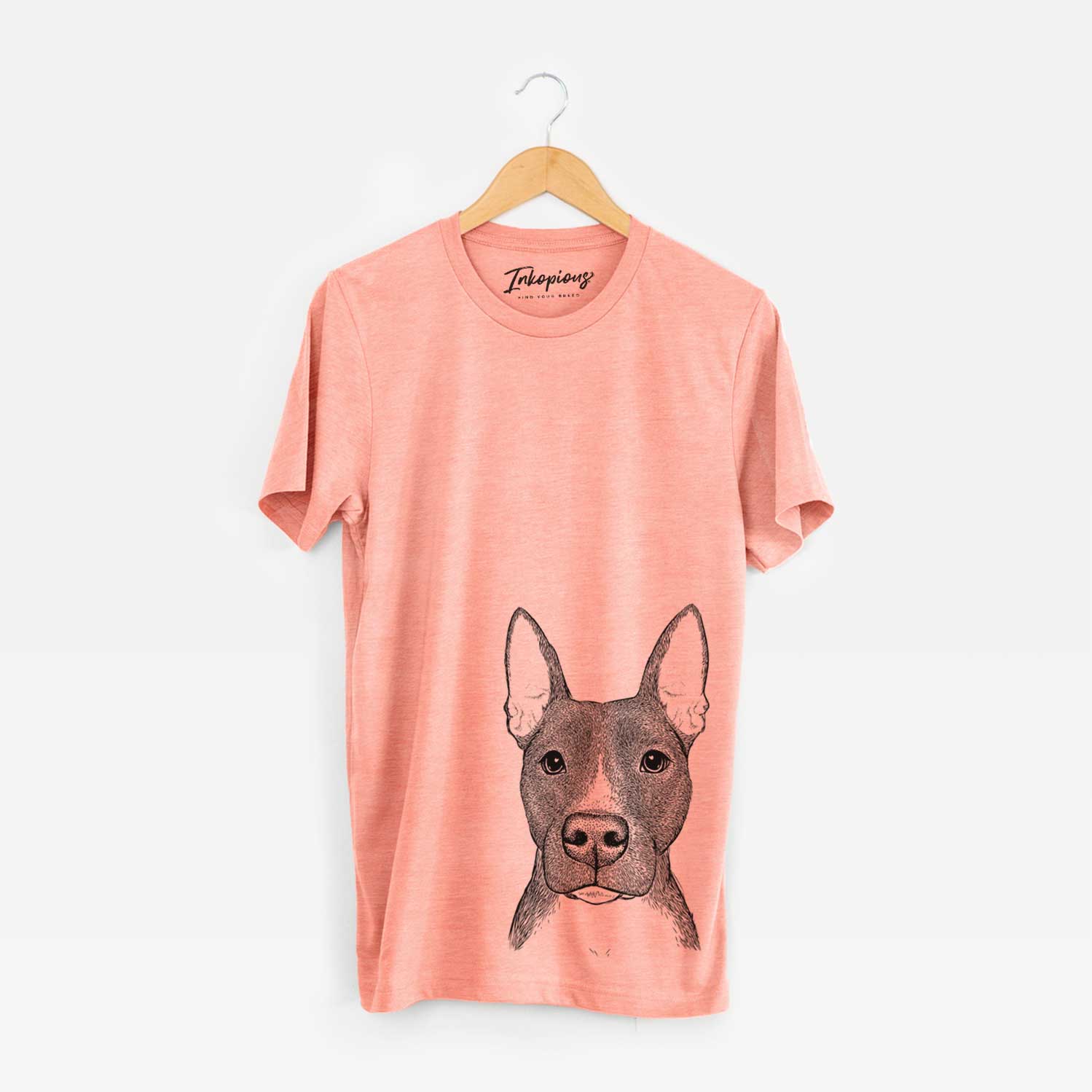 Hand-drawn sketch of Violet the Pitbull on a Sunset Unisex crewneck