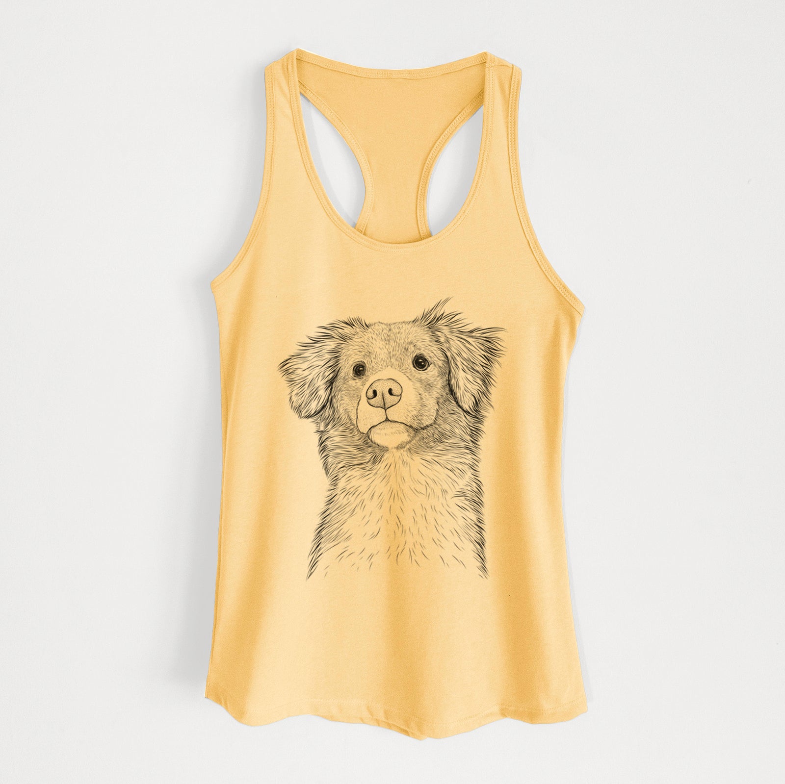 Hand-drawn sketch of Vixen the Nova Scotia Duck Tolling Retriever on a Banana Cream Women's racerback tanktop