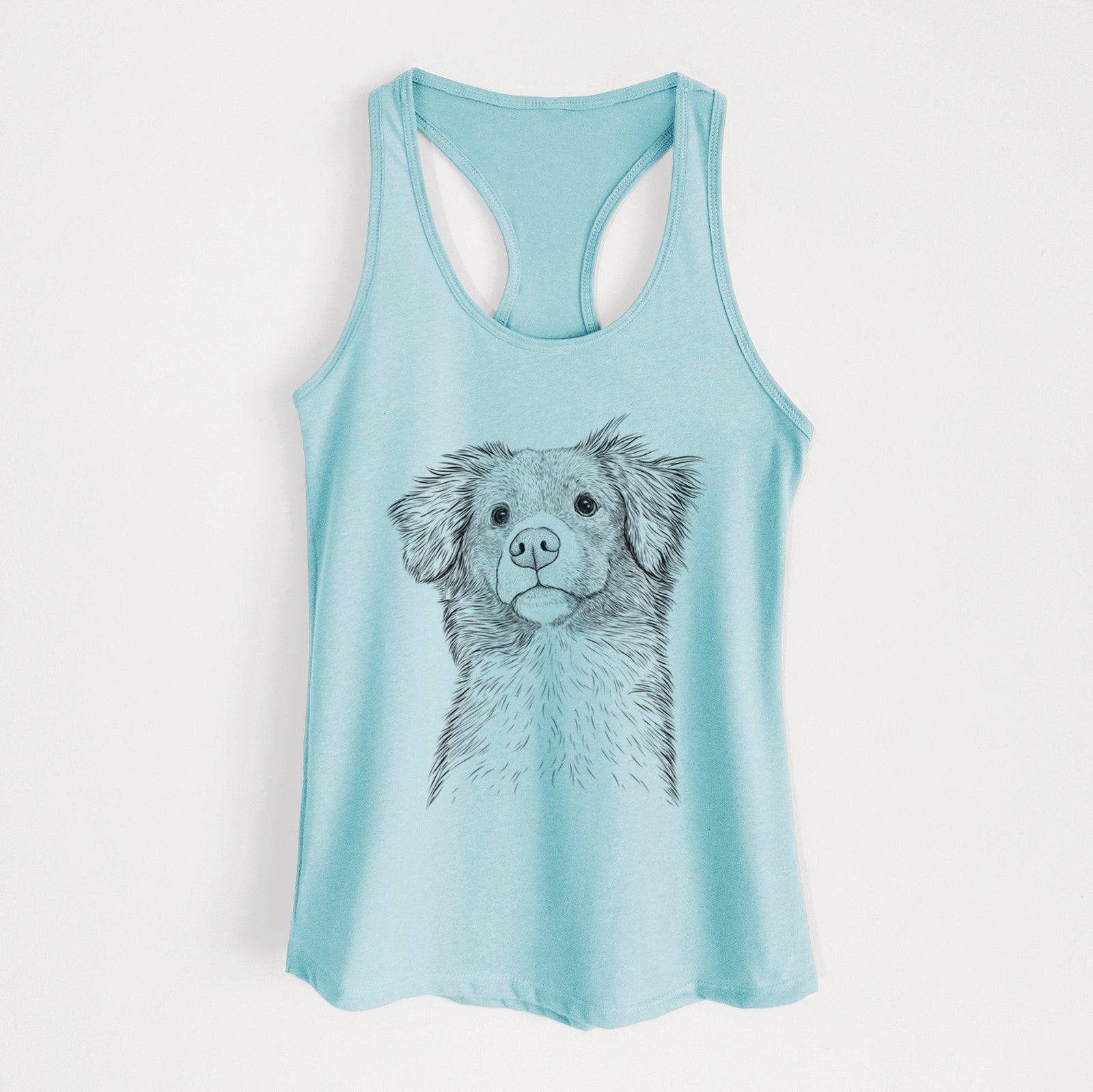 Hand-drawn sketch of Vixen the Nova Scotia Duck Tolling Retriever on a Cancun Blue Women's racerback tanktop