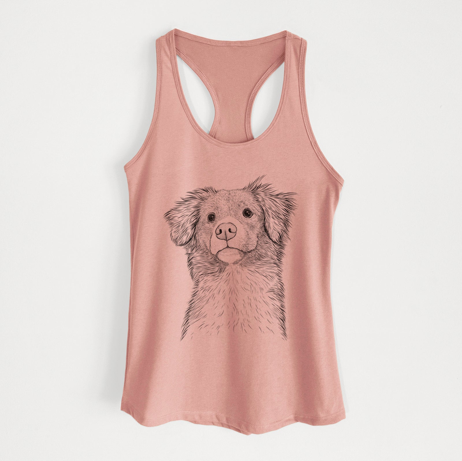 Hand-drawn sketch of Vixen the Nova Scotia Duck Tolling Retriever on a Desert Pink Women's racerback tanktop