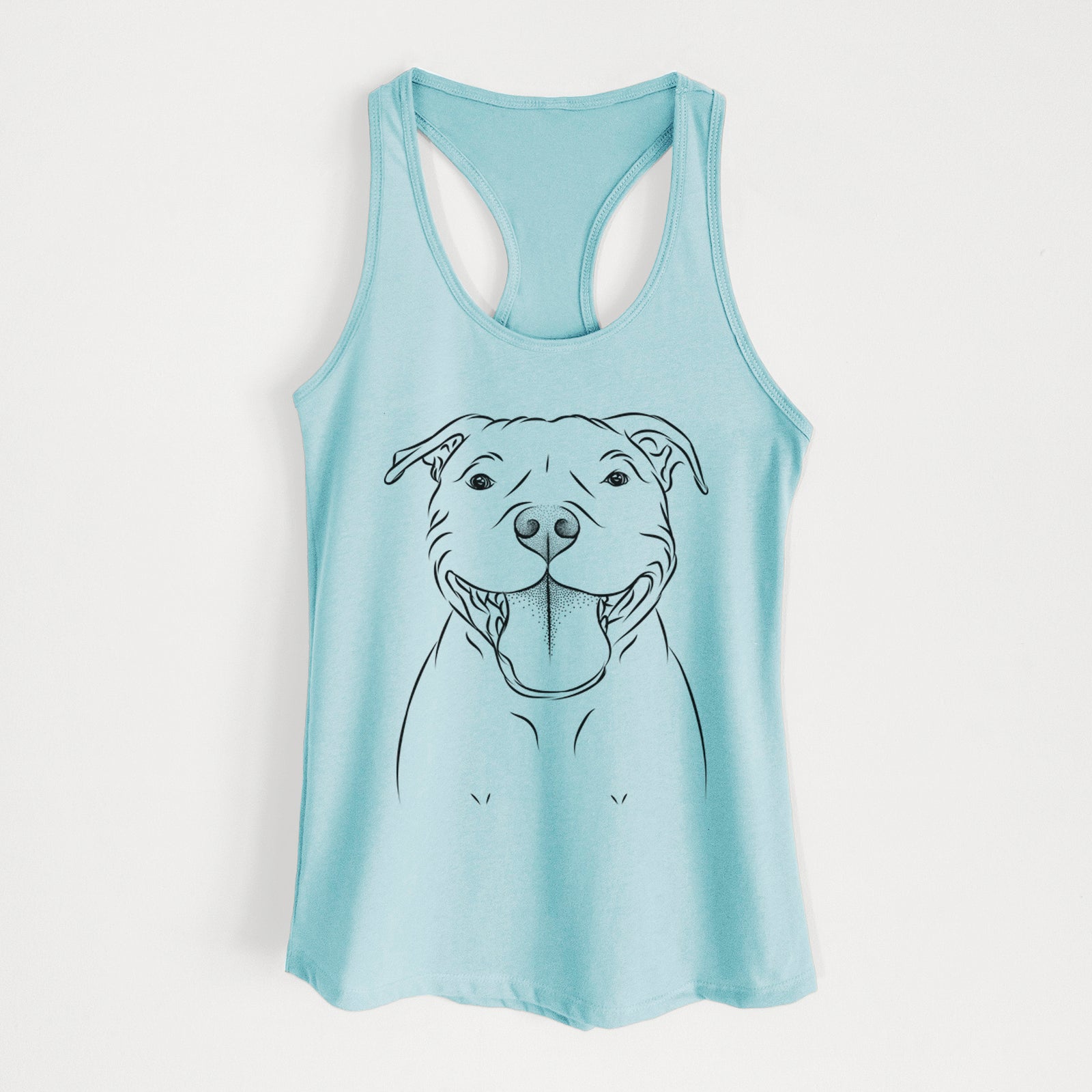 Hand-drawn sketch of Wafer the Staffordshire Bull Terrier on a Cancun Blue Women's racerback tanktop