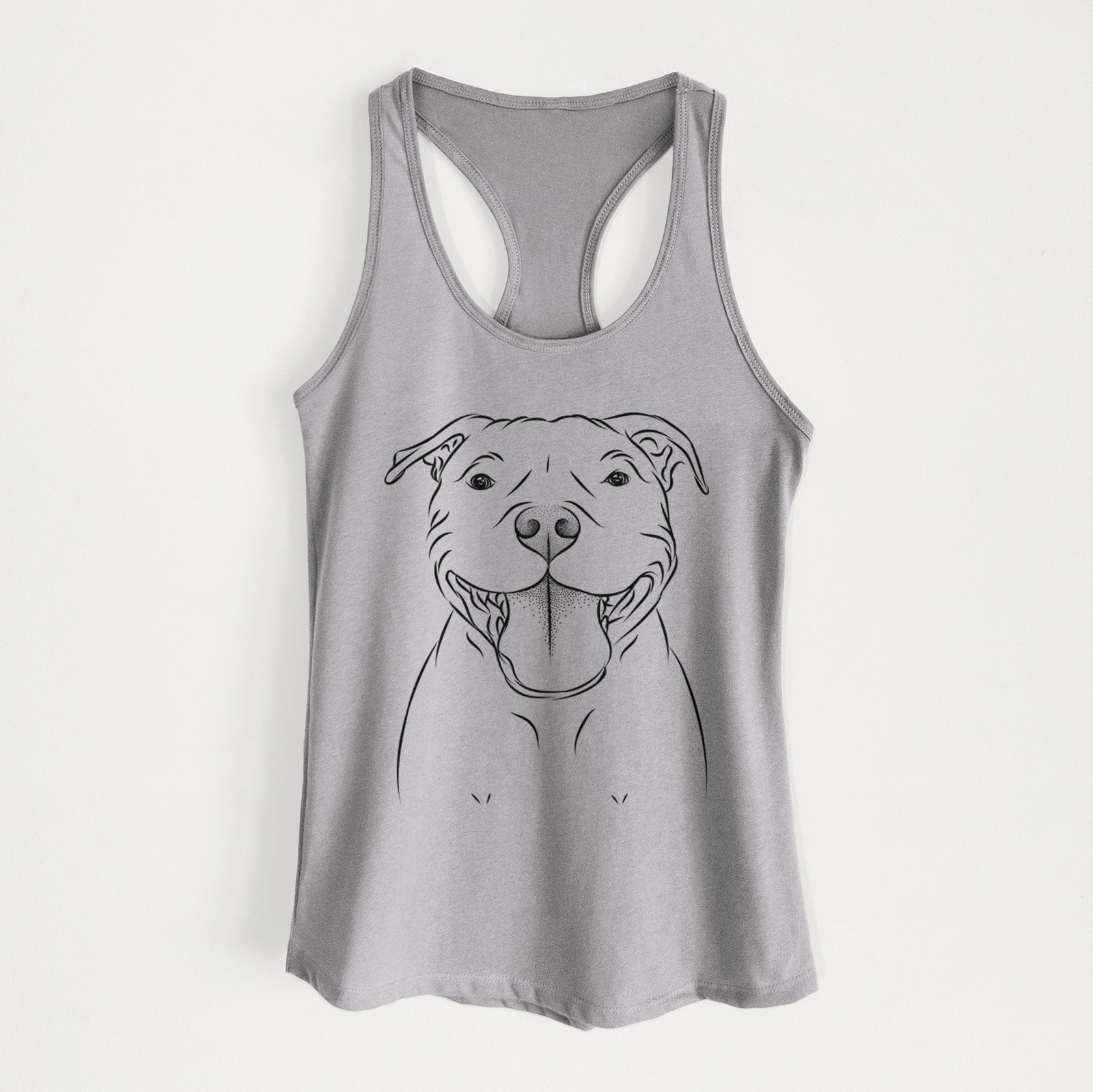 Hand-drawn sketch of Wafer the Staffordshire Bull Terrier on a Heather Grey Women's racerback tanktop